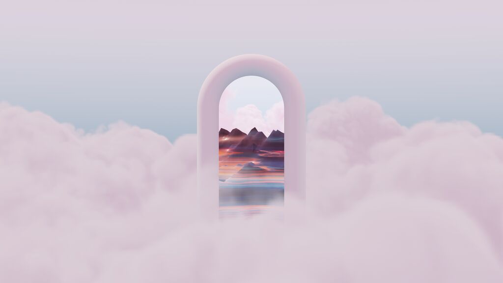 A sky filled with pink clouds features a door positioned in the center, creating a surreal and whimsical scene  