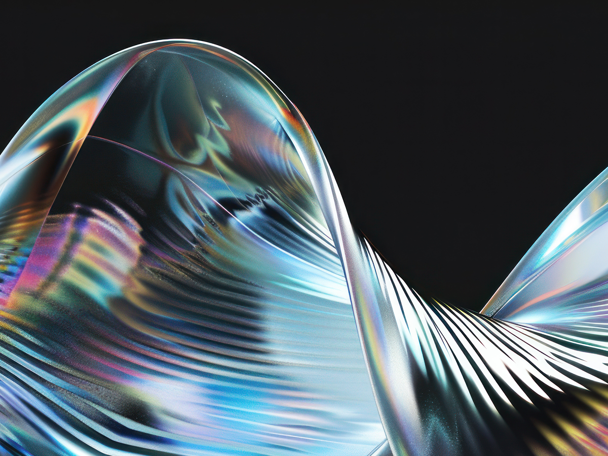 Abstract digital art showing fluid, iridescent wave forms representing innovation, AI, and digital transformation trends.