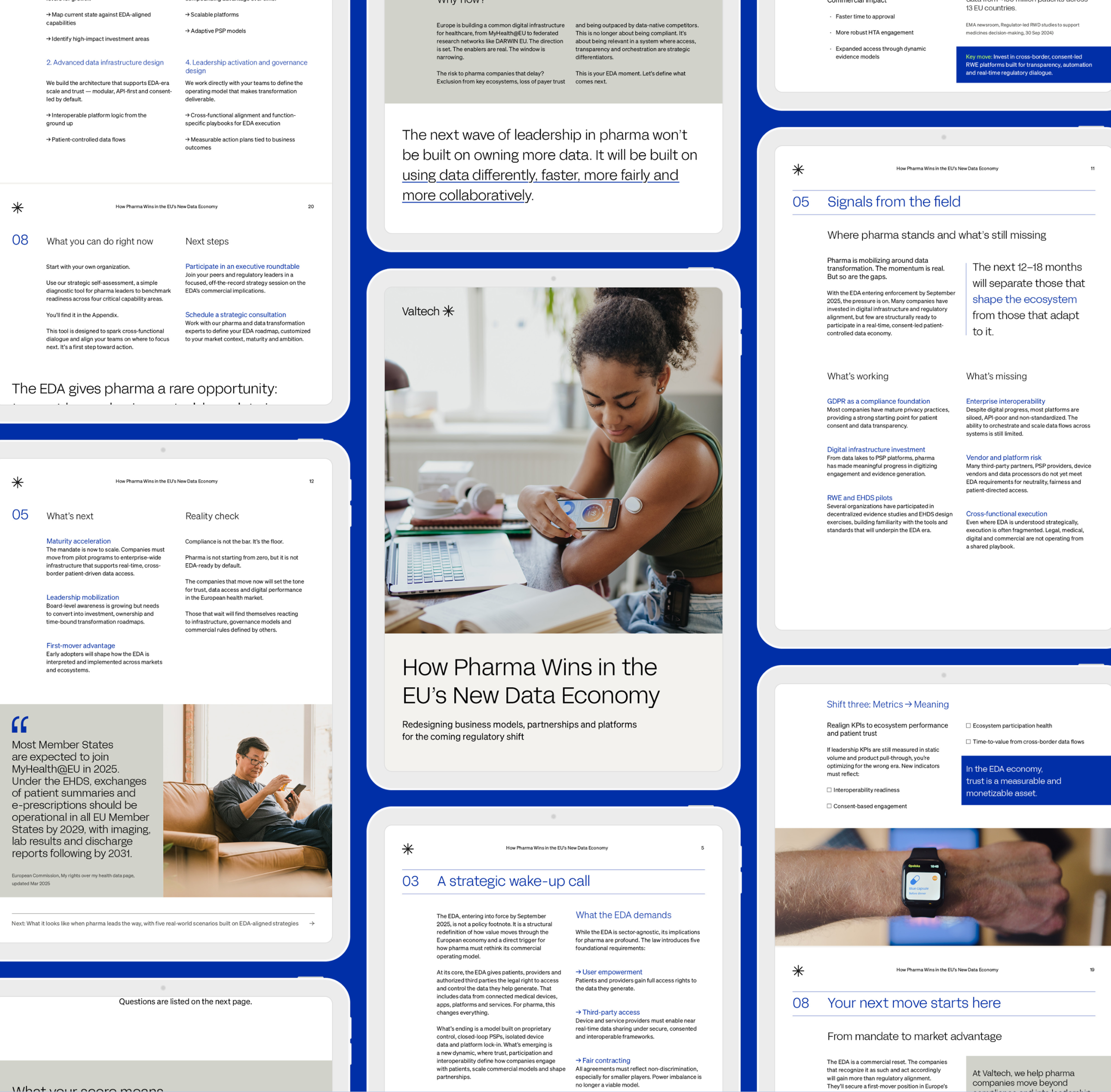 Collection of digital tablet screens showcasing a whitepaper on how pharma can succeed in the EU’s new data economy, focusing on patient trust, compliance, and digital health transformation.