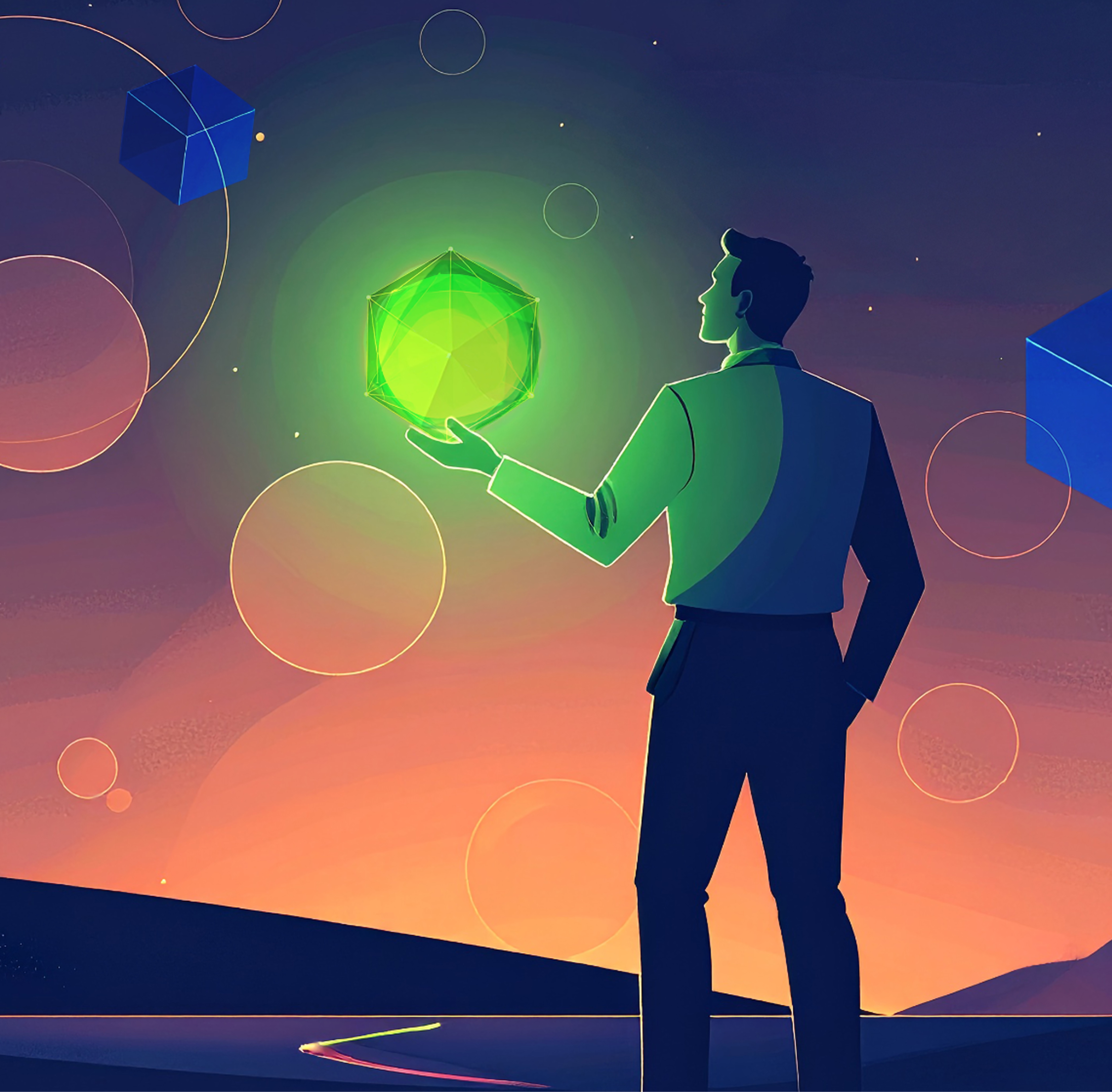 A person stands against a colorful sunset, holding a glowing green geometric shape, with additional blue cubes and circles floating in the sky
