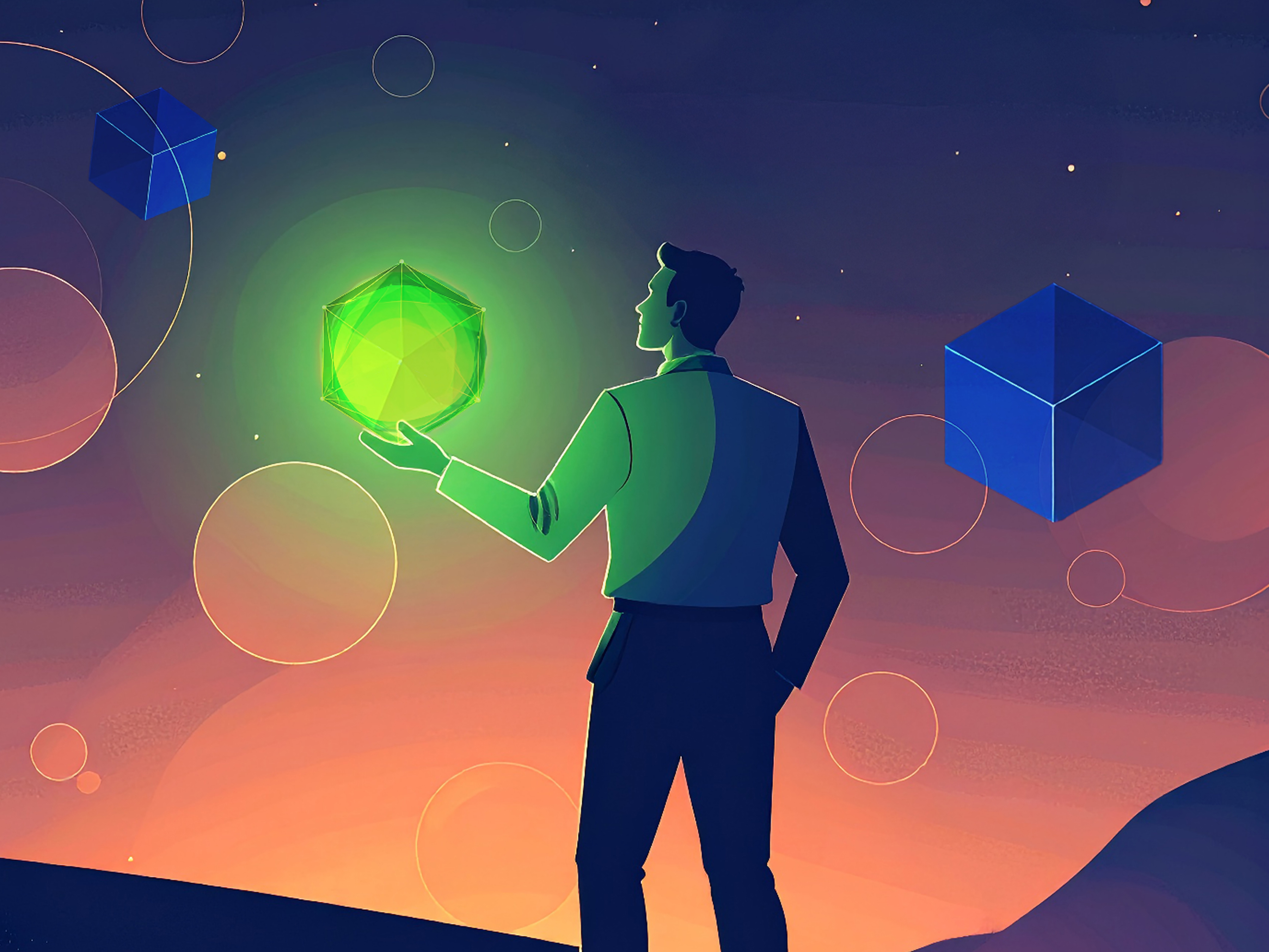 A person stands against a colorful sunset, holding a glowing green geometric shape, with additional blue cubes and circles floating in the sky