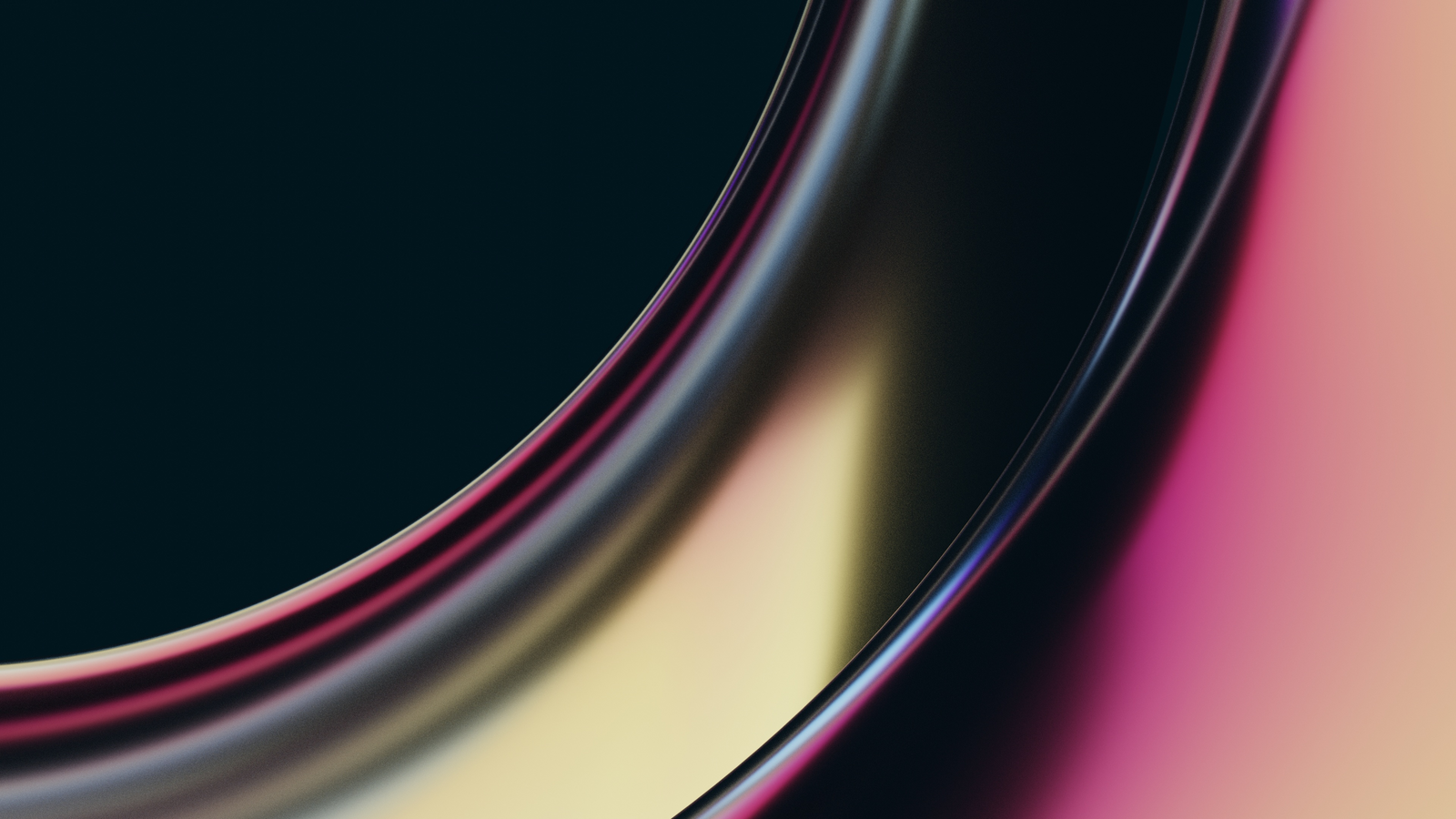 An abstract image featuring smooth, flowing curves in shades of pink, purple, gold, and black. The colors blend seamlessly, creating a metallic, reflective surface effect. The design has a modern, sleek aesthetic, evoking a sense of fluidity and movement. The background is dark, which accentuates the vibrant and dynamic nature of the curved shapes.