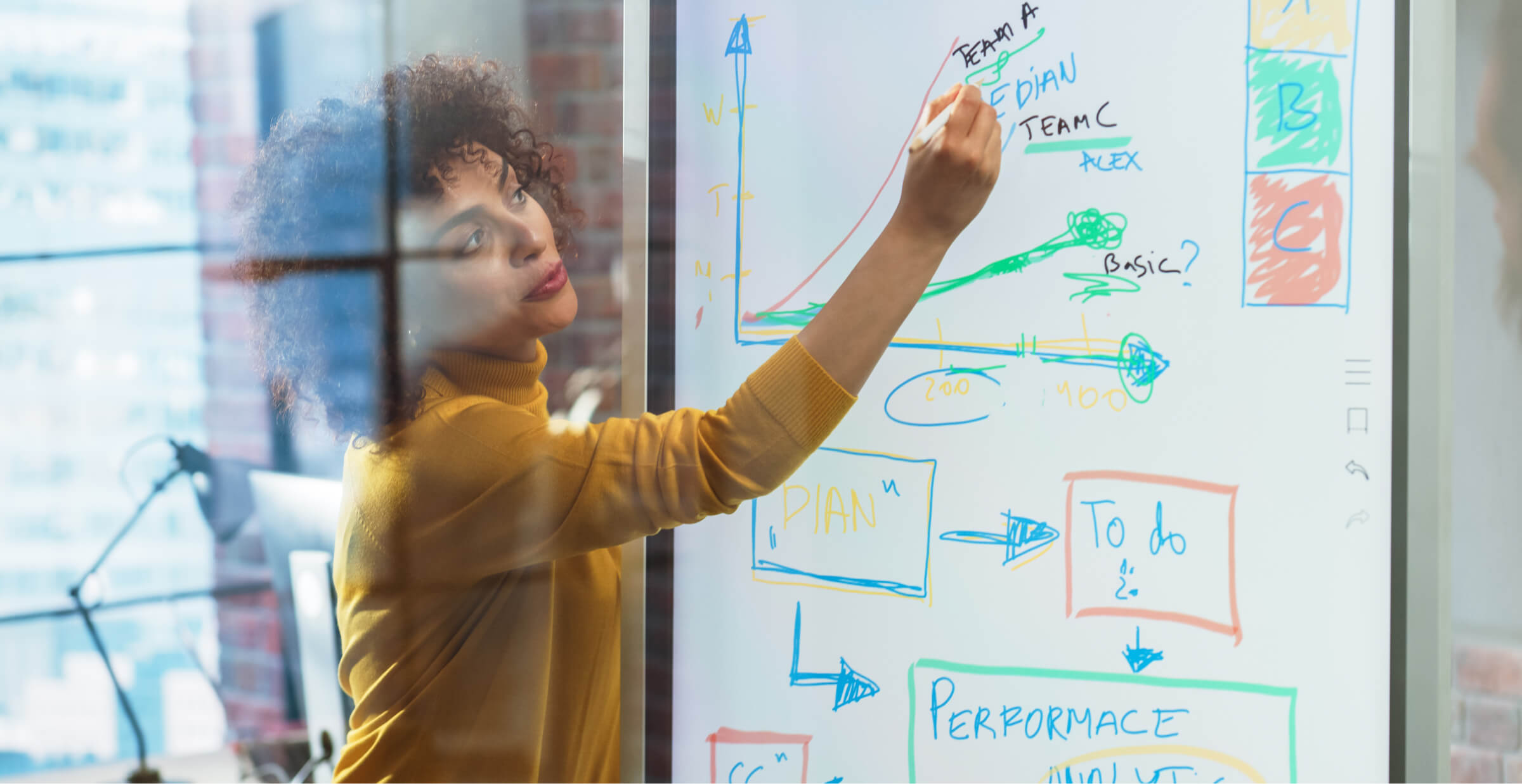 A woman with curly hair, wearing a mustard yellow sweater, is drawing on a large whiteboard covered with colorful graphs, charts, and notes. She is focused as she writes on the board, which appears to display a business strategy or project plan. The background shows an office setting with large windows, offering a view of a city skyline. The scene conveys a sense of creativity and collaboration in a modern workspace.