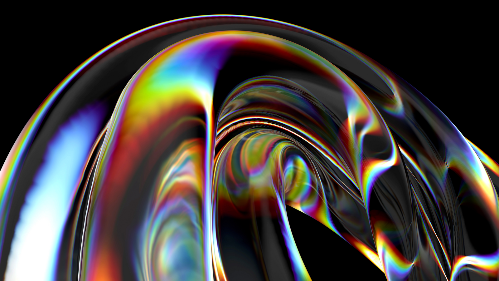 A 3D render of a glass-like object featuring vibrant dispersion and iridescent color effects, with smooth curves and reflections against a dark background.