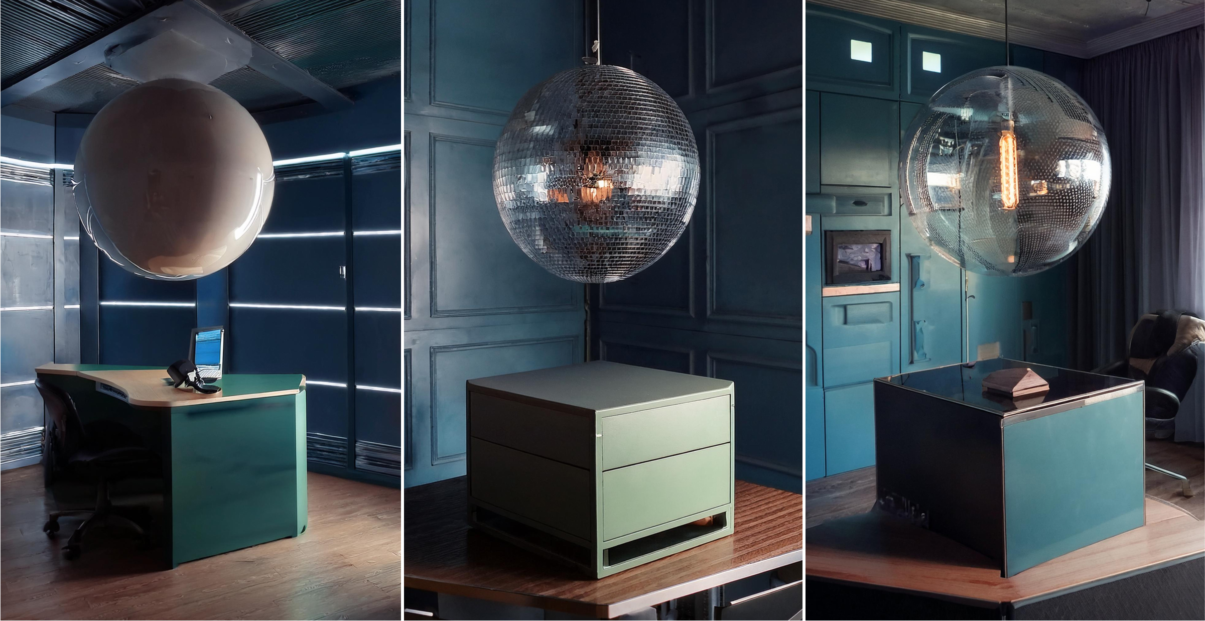 A modern office space featuring dark teal walls and minimalist green furniture, with large, spherical light fixtures hanging from the ceiling above desks and tables.