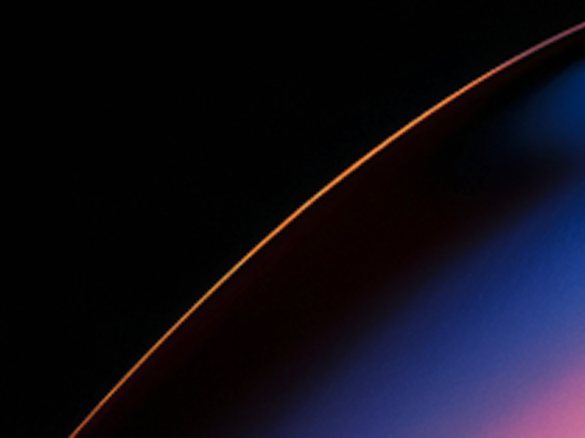 Abstract digital artwork featuring a glowing curved line transitioning from orange to pink and blue against a dark background, creating a futuristic and sleek visual effect.