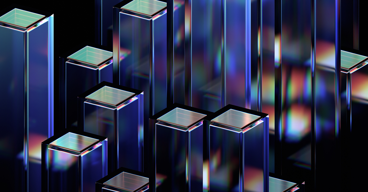 A cluster of blue and purple cubes set against a sleek black background