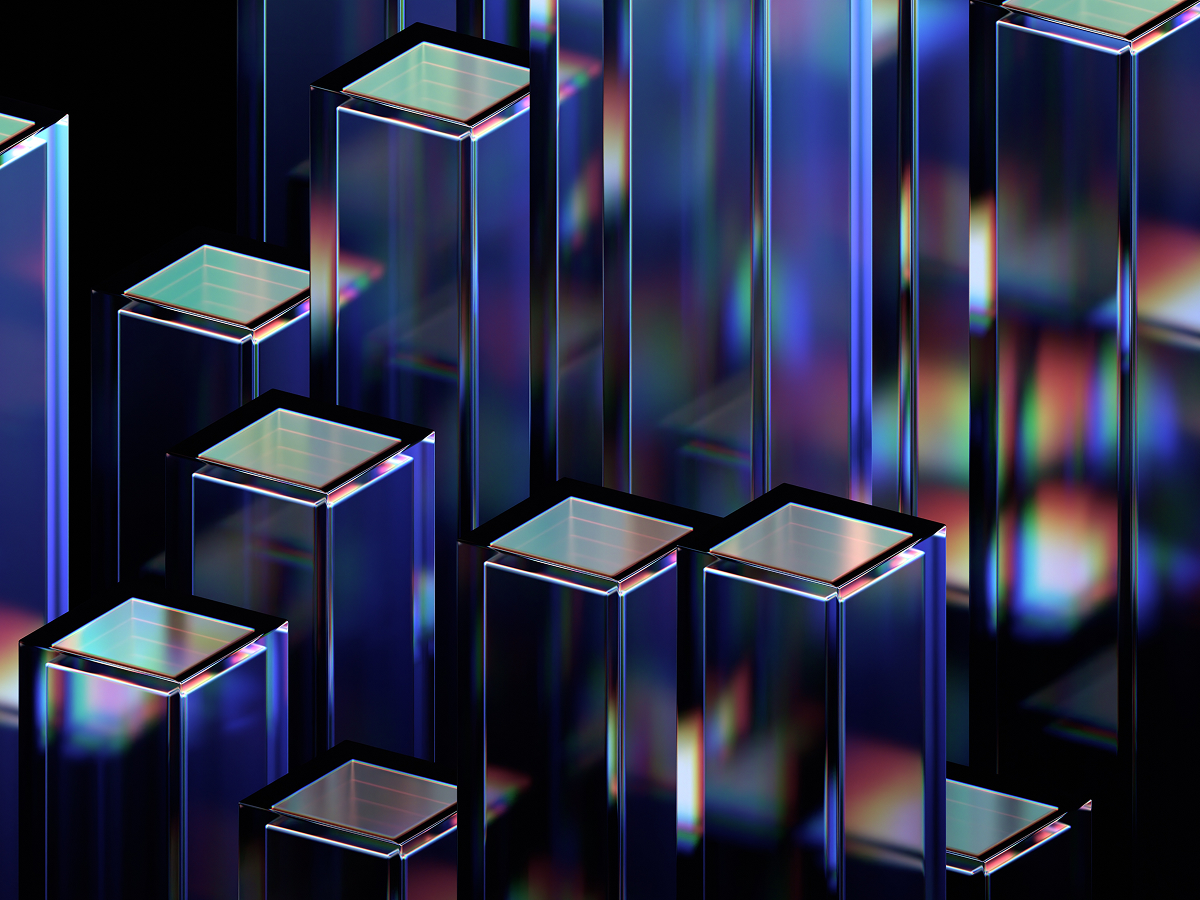 A cluster of blue and purple cubes set against a sleek black background