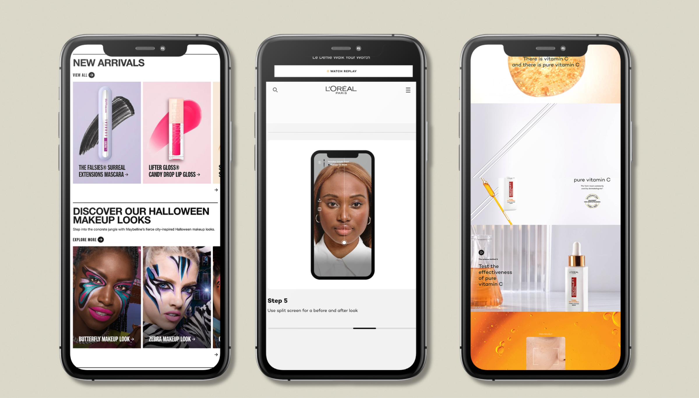 Three smartphones displaying different L’Oréal mobile shopping experiences. The left phone shows a beauty e-commerce interface with new arrivals, including mascara and lip gloss, as well as Halloween makeup looks. The center phone displays a virtual try-on tool featuring a woman’s face, with a split-screen function for before-and-after comparisons. The right phone showcases a skincare product page promoting pure vitamin C serum with high-quality images and a clean design.