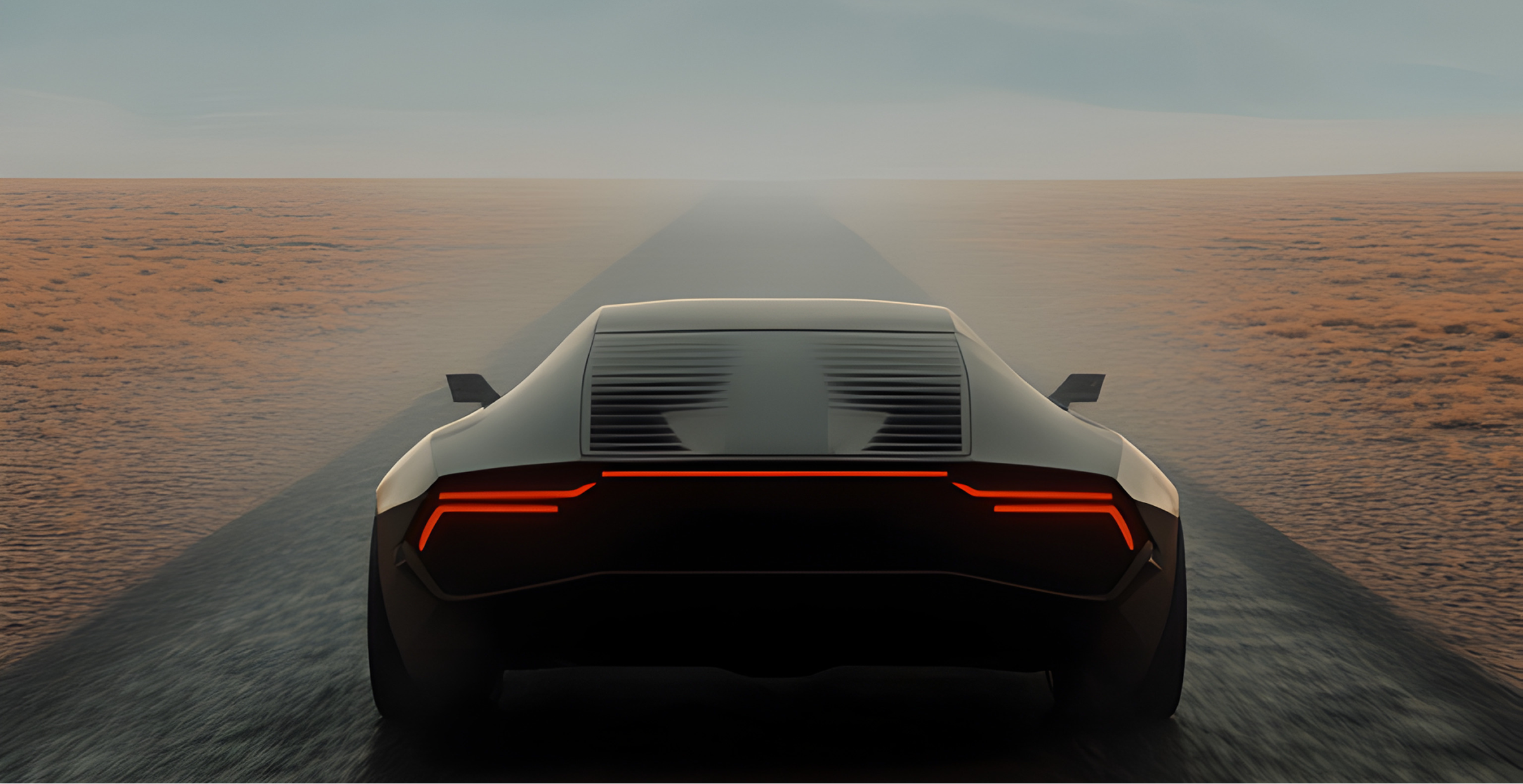 A sleek futuristic car speeds along a barren desert road under a clear blue sky. 