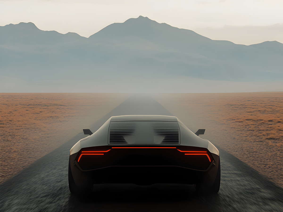 A sleek futuristic car speeds along a barren desert road under a clear blue sky. 