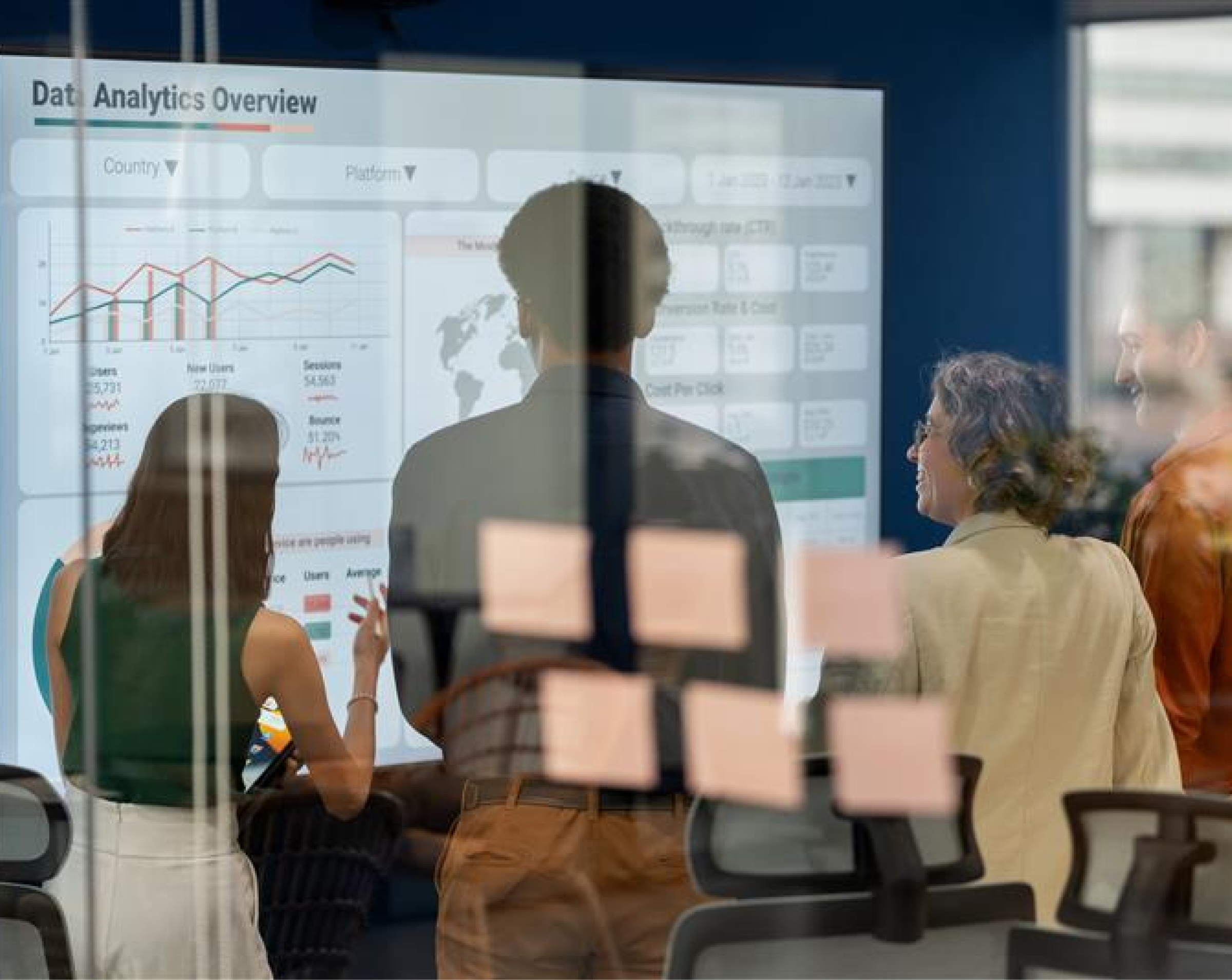 Business team reviewing a data analytics dashboard on a digital screen in a glass-walled office, emphasizing collaboration, insights, and performance metrics.