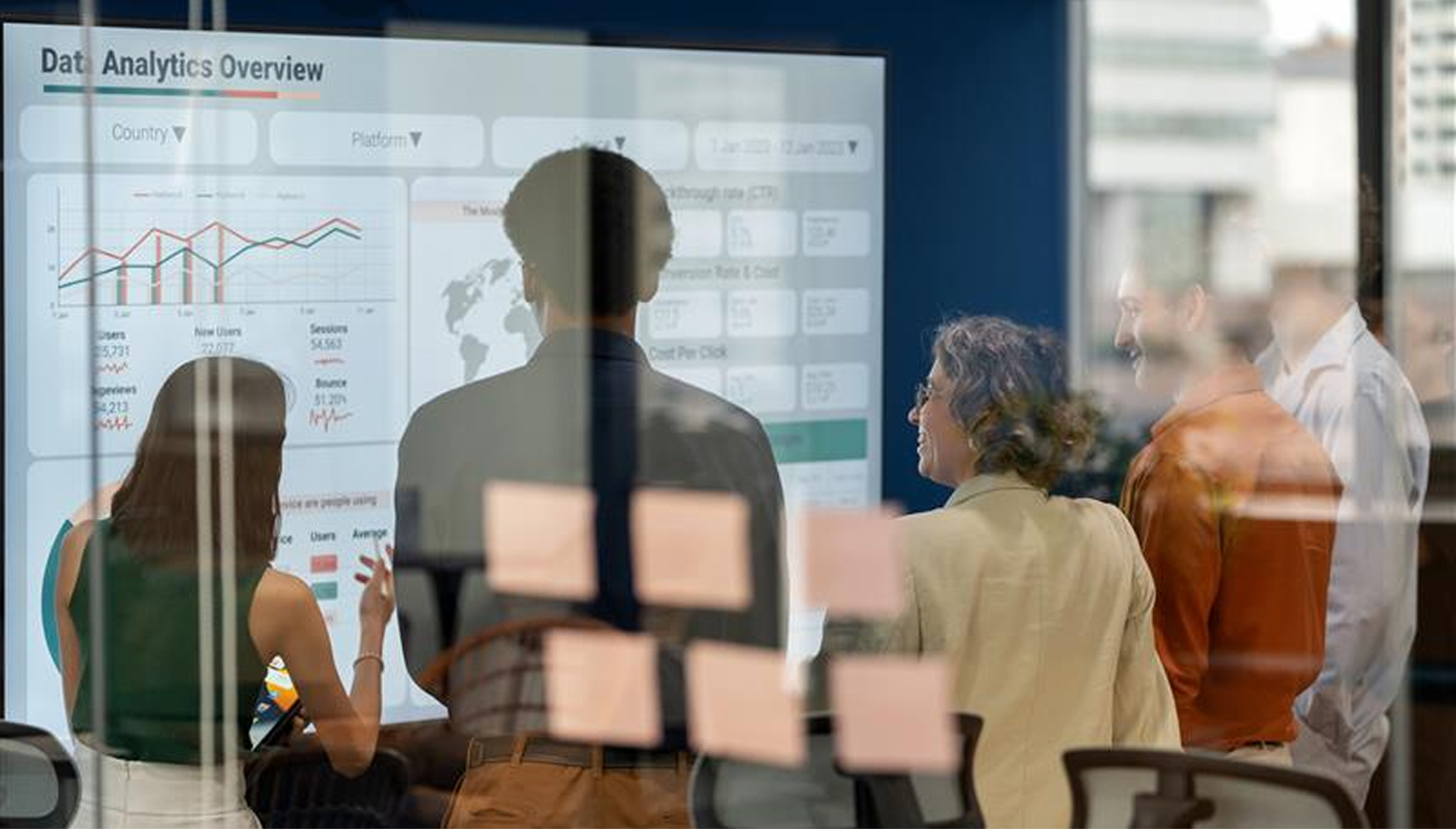 Business team reviewing a data analytics dashboard on a digital screen in a glass-walled office, emphasizing collaboration, insights, and performance metrics.