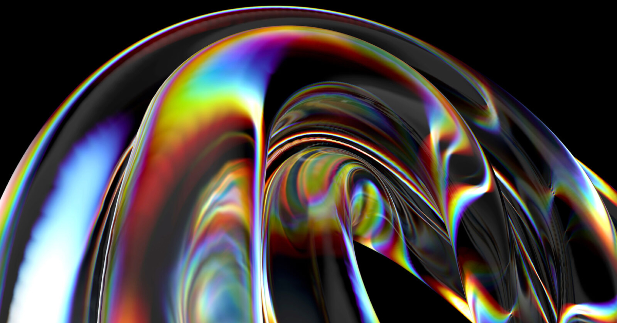 A vibrant and abstract design featuring flowing, ribbon-like shapes with a spectrum of iridescent colors on a black background. The image resembles the fluidity and reflective quality of liquid or light bending through a prism.