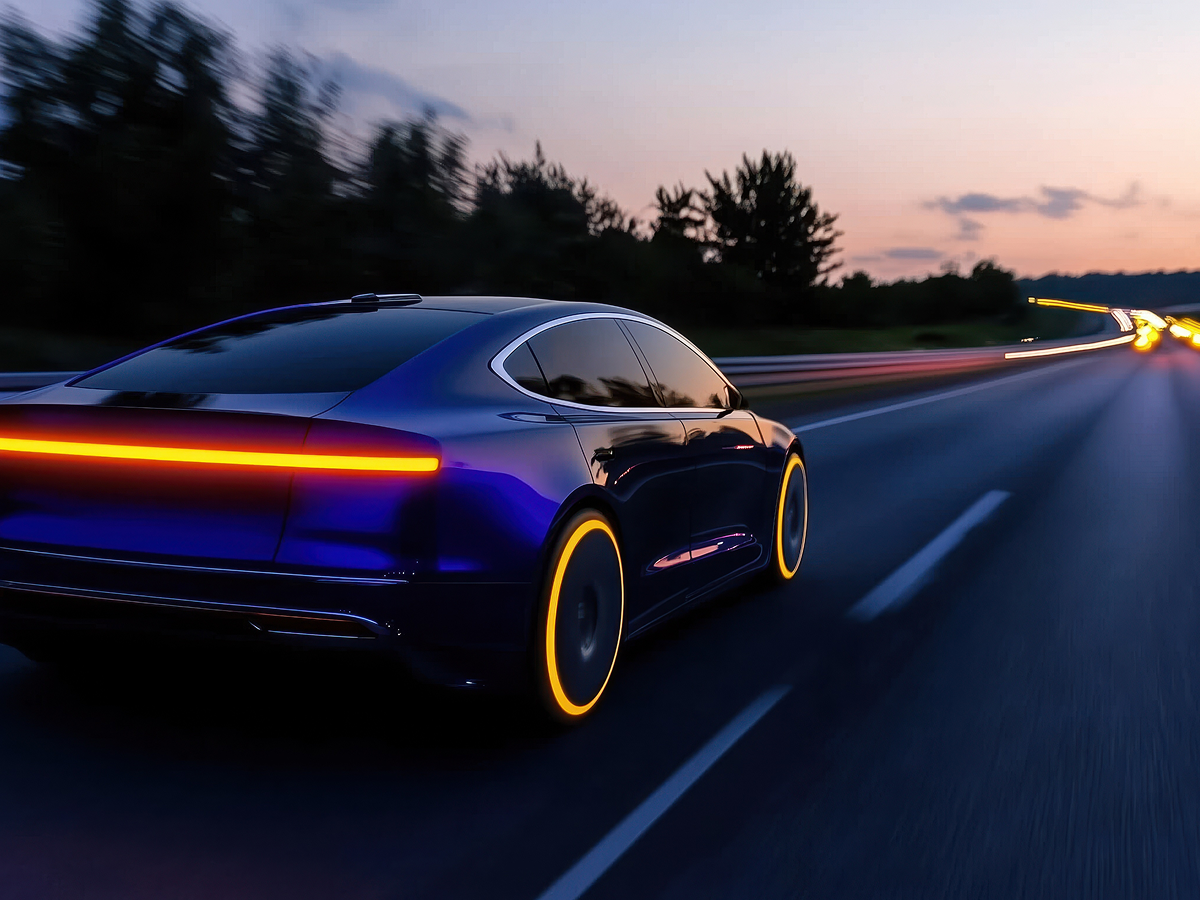 An electric car cruising down a dimly lit road at night, with headlights illuminating the path ahead