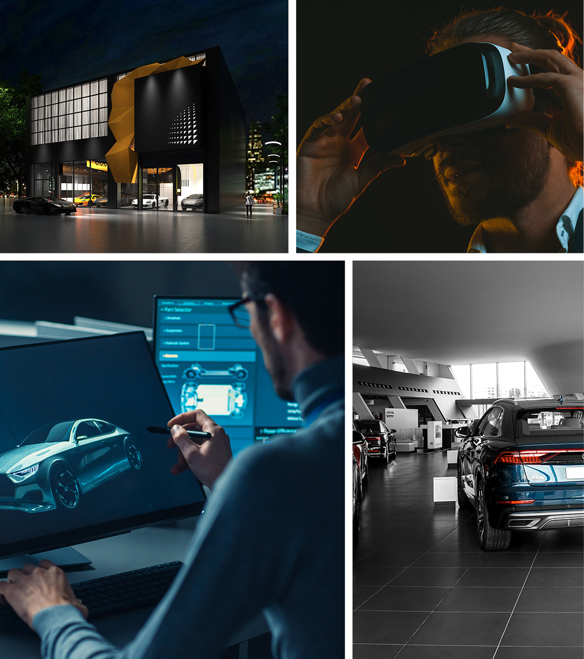 Grid of four images: a physical luxury car dealership, a virtual luxury car dealership, a caucasian man wearing VR goggles and a caucasian man design a prototype for a digital luxury car
