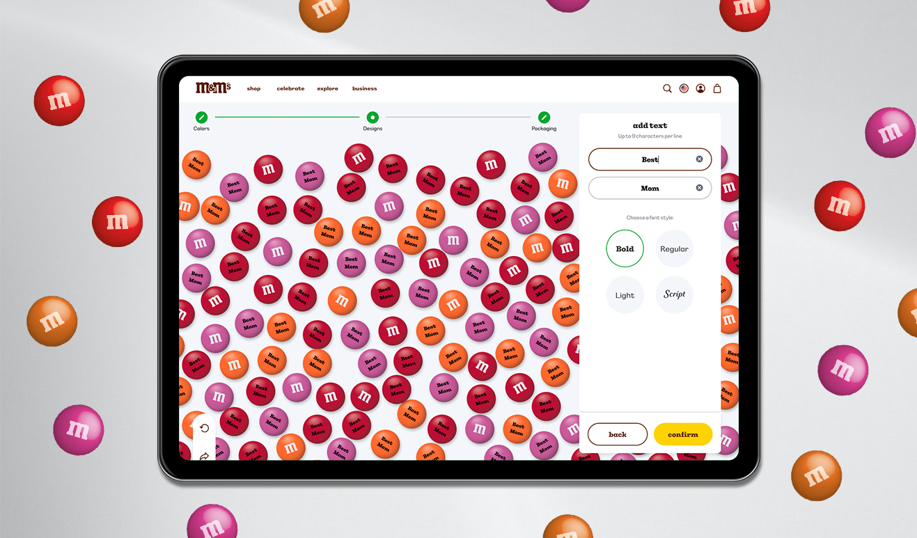 Tablet screen showing the M&M customization page on the M&M's website with a background of floating colorful M&Ms