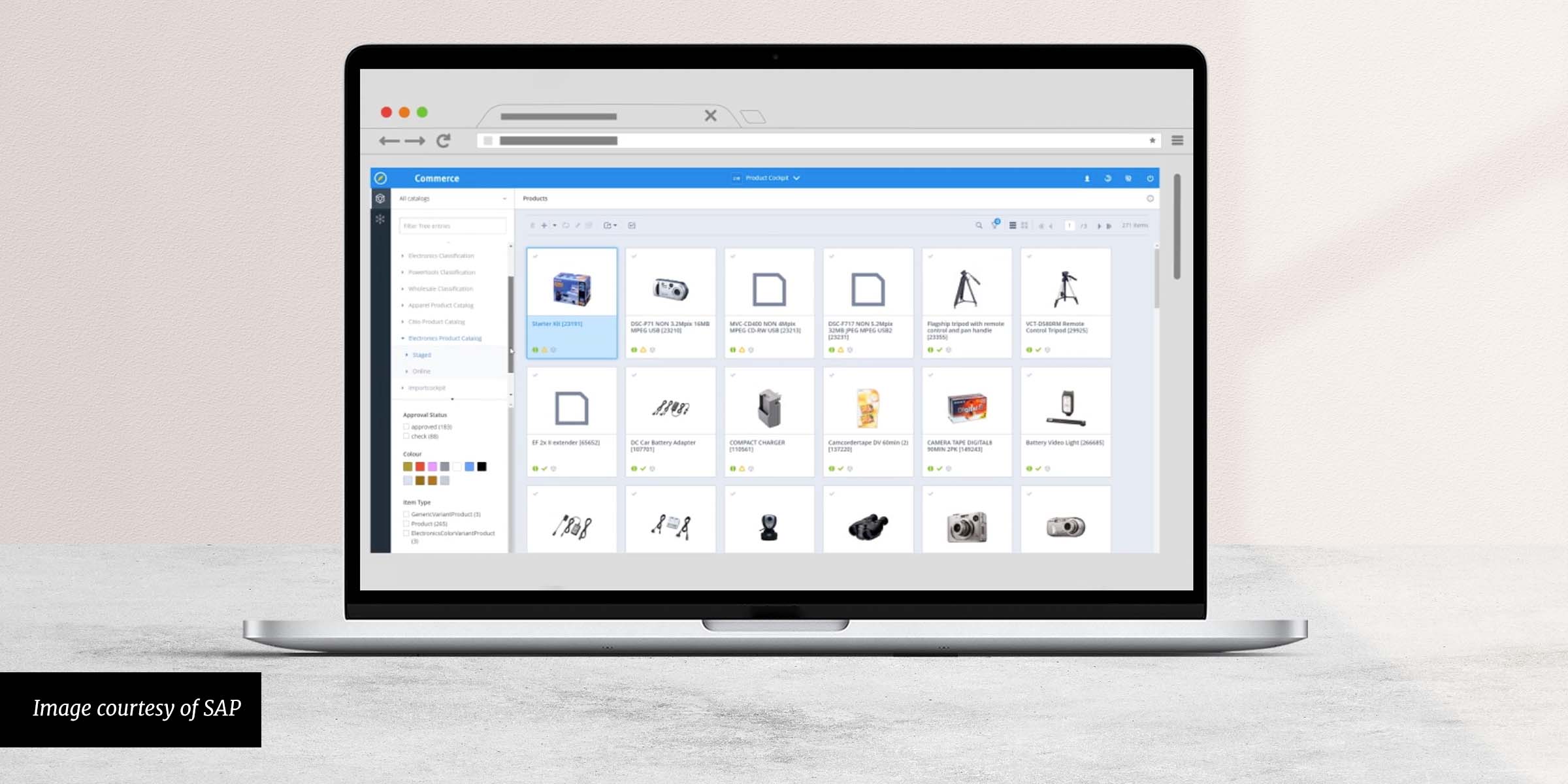 A laptop screen showing an SAP Commerce powered interface