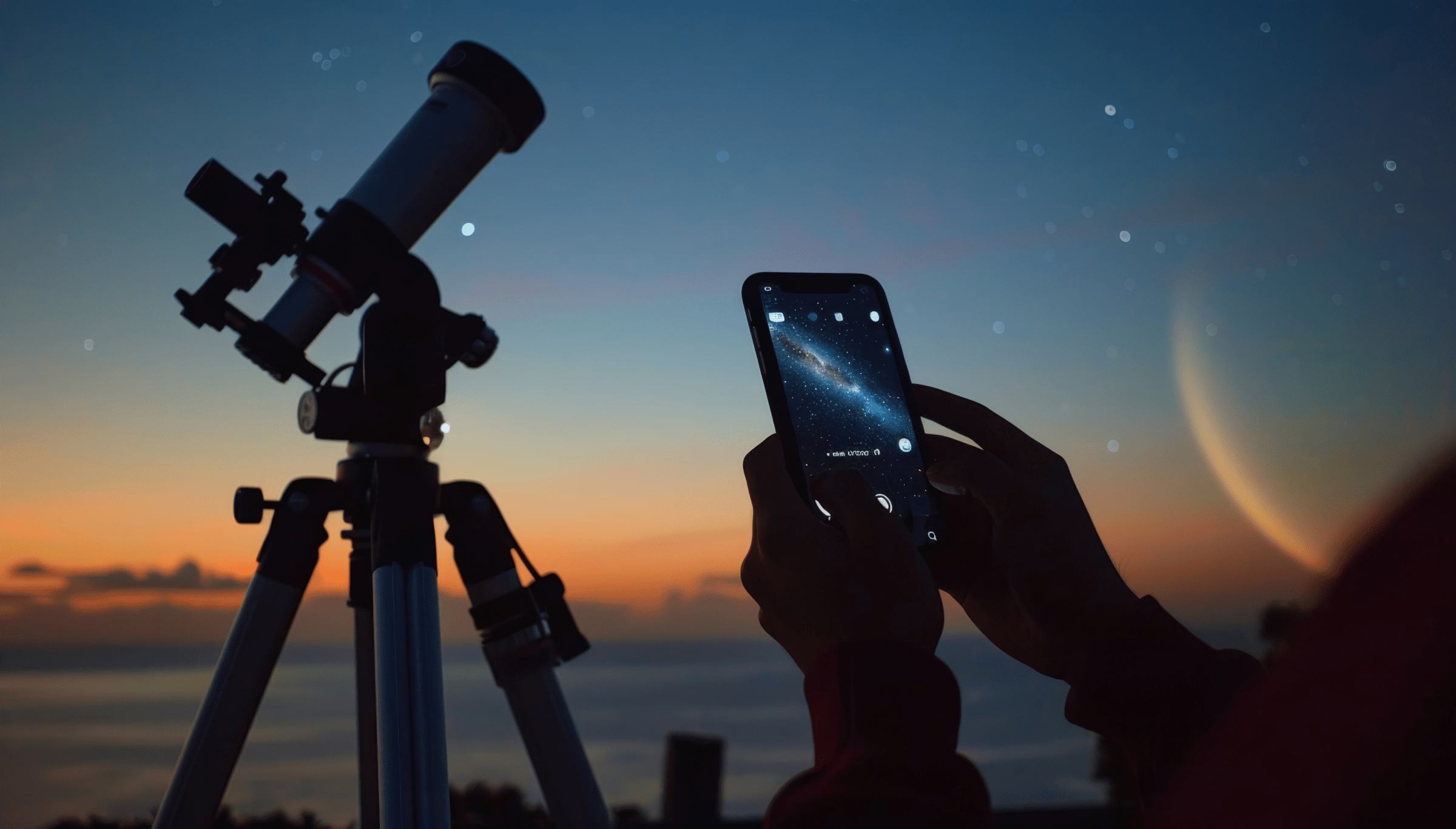 A person holds a smartphone while taking a picture of the night sky through a telescope. The scene is set at dusk, with the sky transitioning from the warm hues of sunset to the deep blues of night. Stars are visible, and the smartphone screen shows a detailed image of the stars, possibly capturing the Milky Way. The telescope is silhouetted against the sky, adding to the serene and focused atmosphere of stargazing.