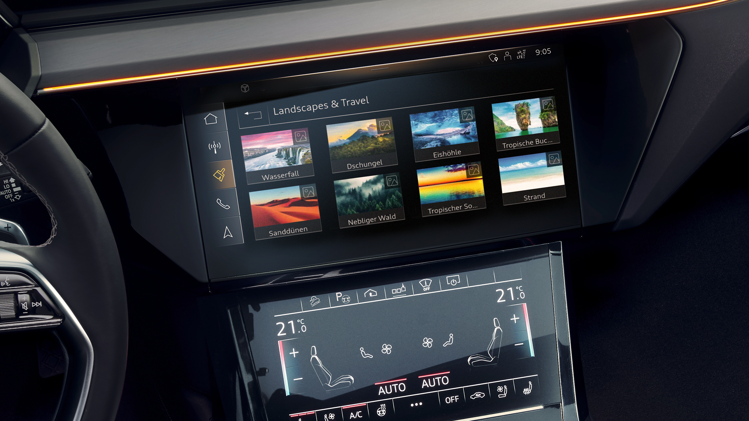 A car dashboard featuring a modern touch screen interface with various controls and displays