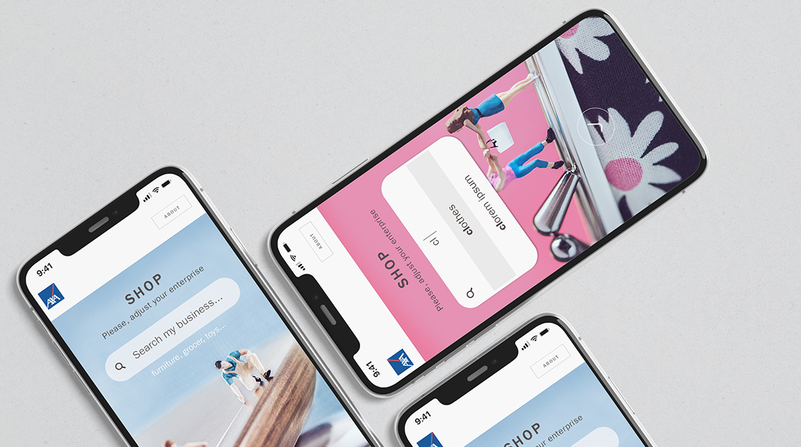 mockup of 3 mobile phones featuring pages from AXA's website