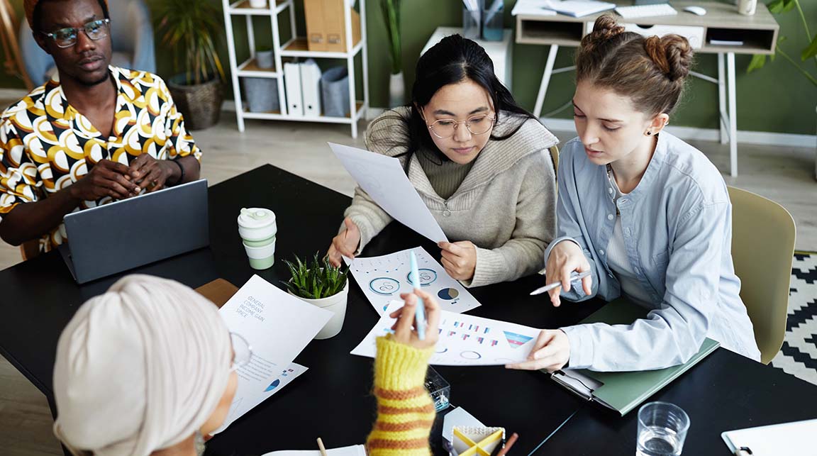 diverse team works together