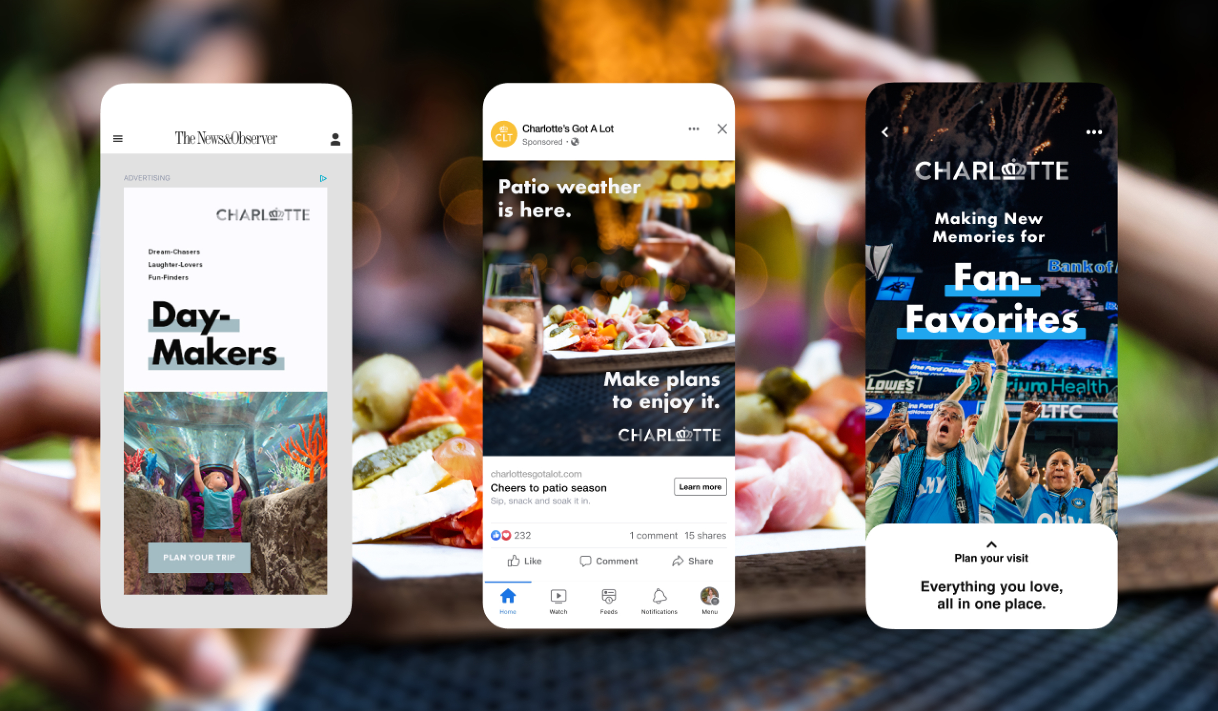 Charlotte tourism mobile ads highlighting family attractions, patio dining, and live sports, encouraging visitors to plan their trip.