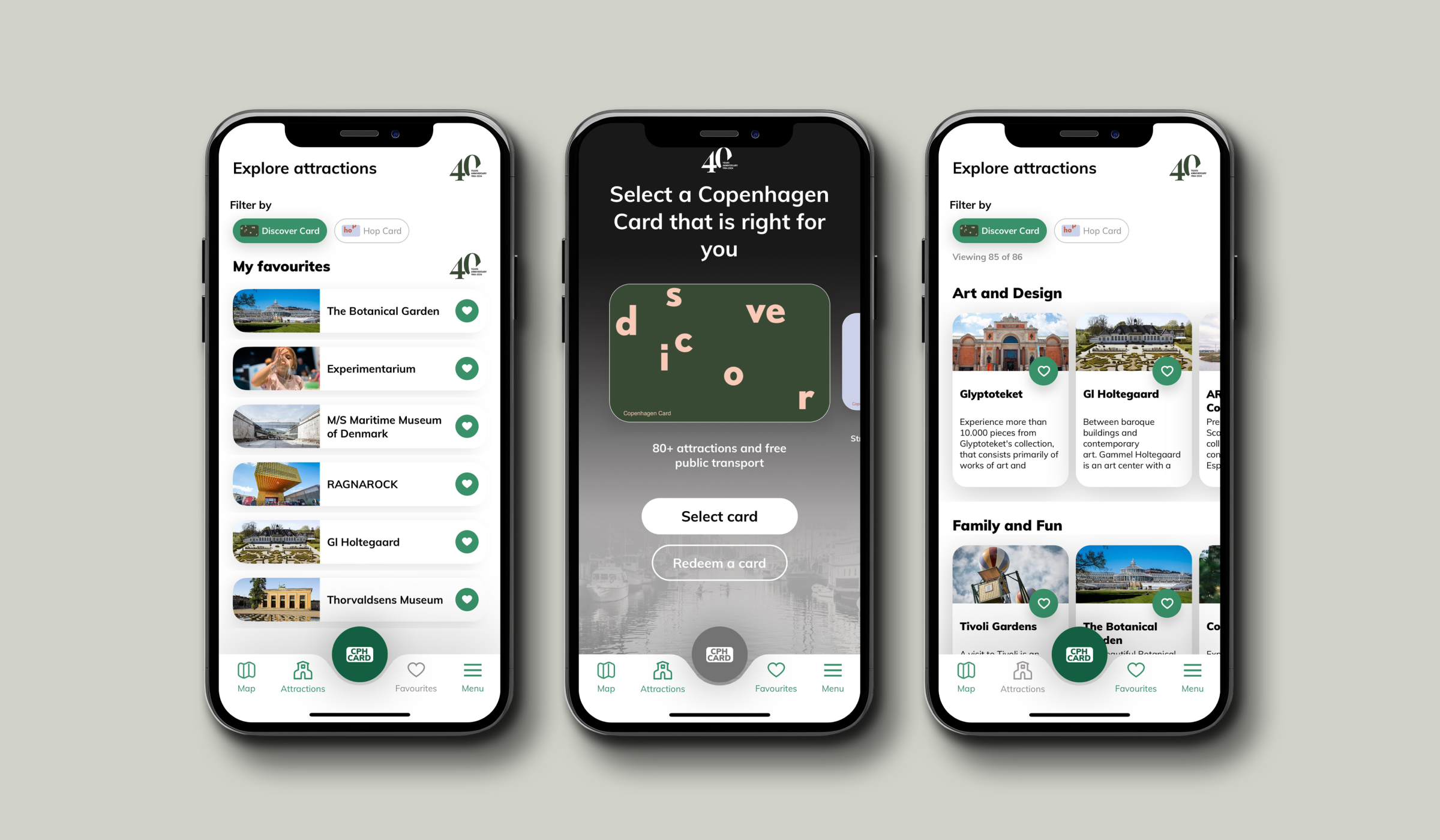 Mobile app screens showing a list of Copenhagen attractions and card options