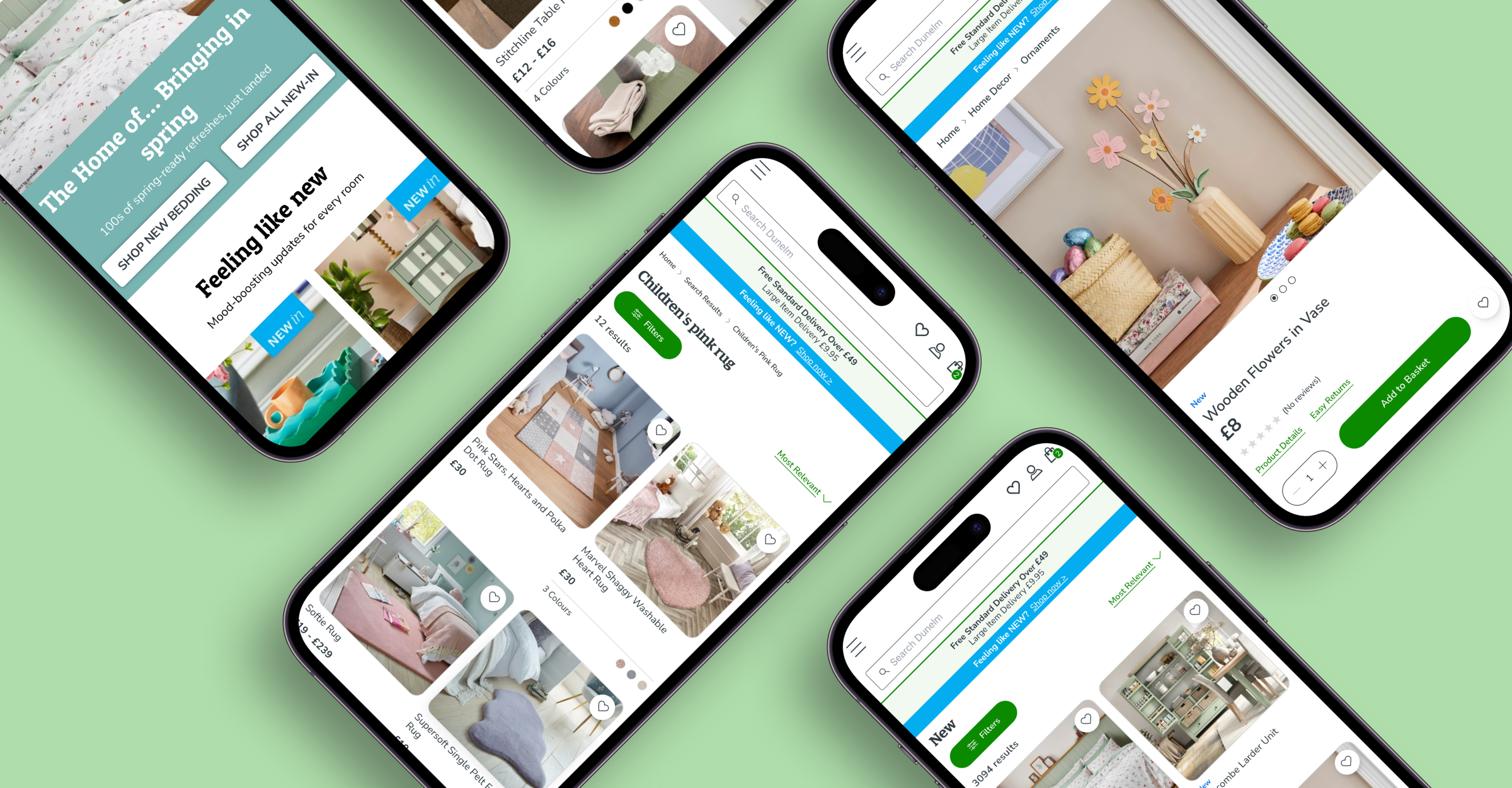 A collection of smartphones displaying the Dunelm online shopping website, showcasing various home decor products, including rugs, ornaments, and furniture. The screens highlight product listings, promotional banners, and purchase options, set against a light green background.