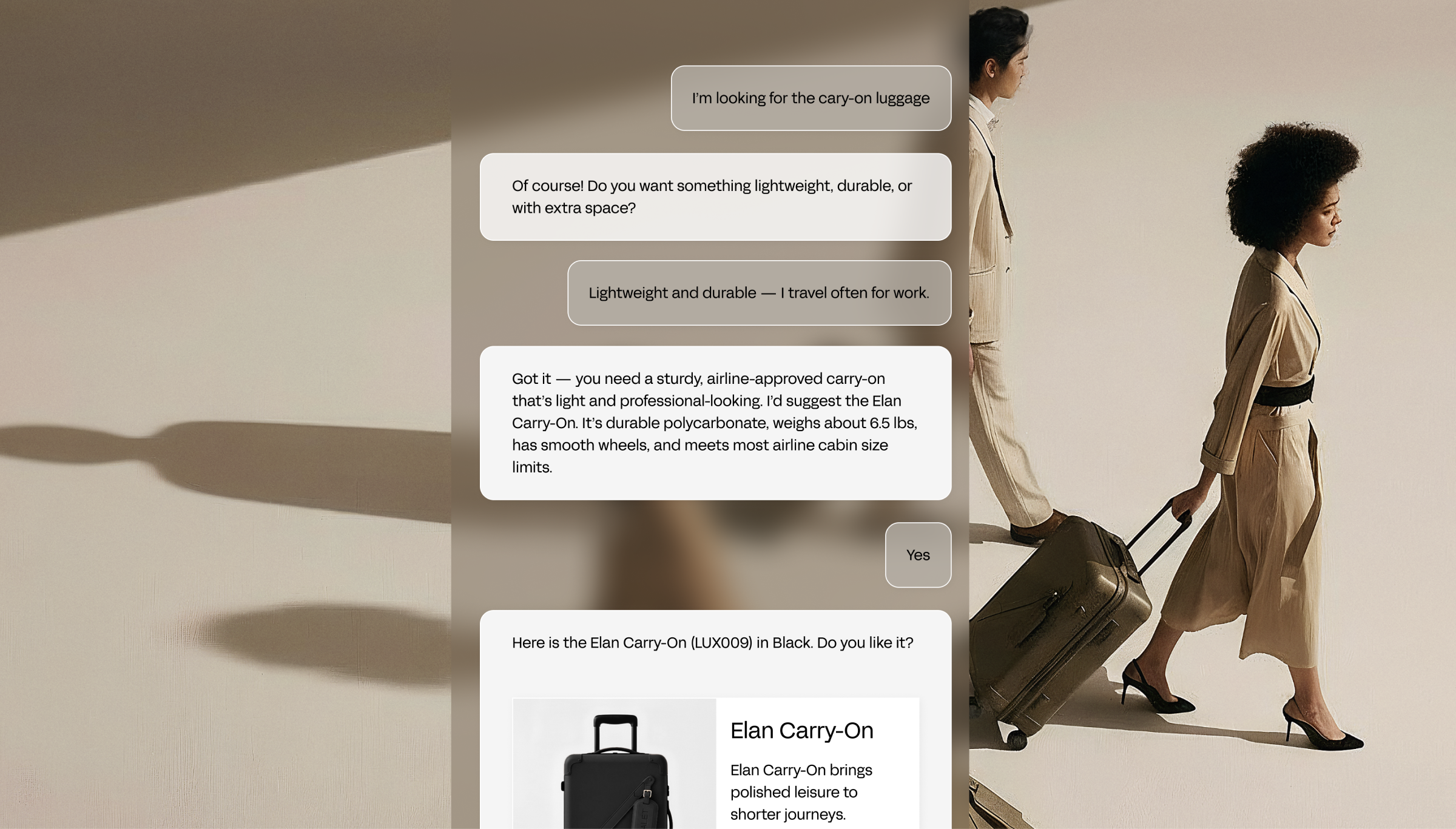 A woman and a man walking side by side, each carrying a piece of luggage. 