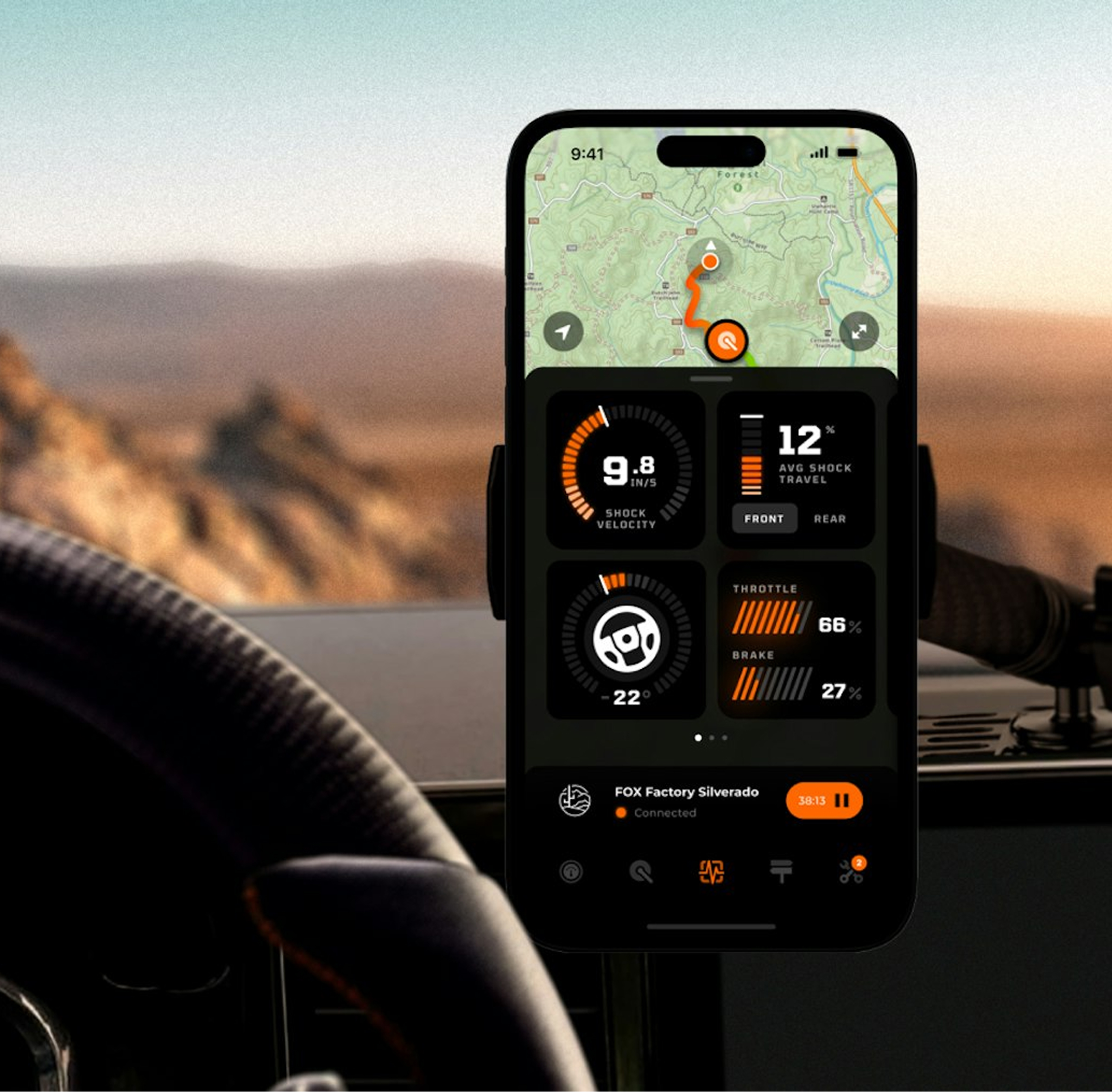 A smartphone displaying a colorful dashboard app with various metrics and graphs on the screen