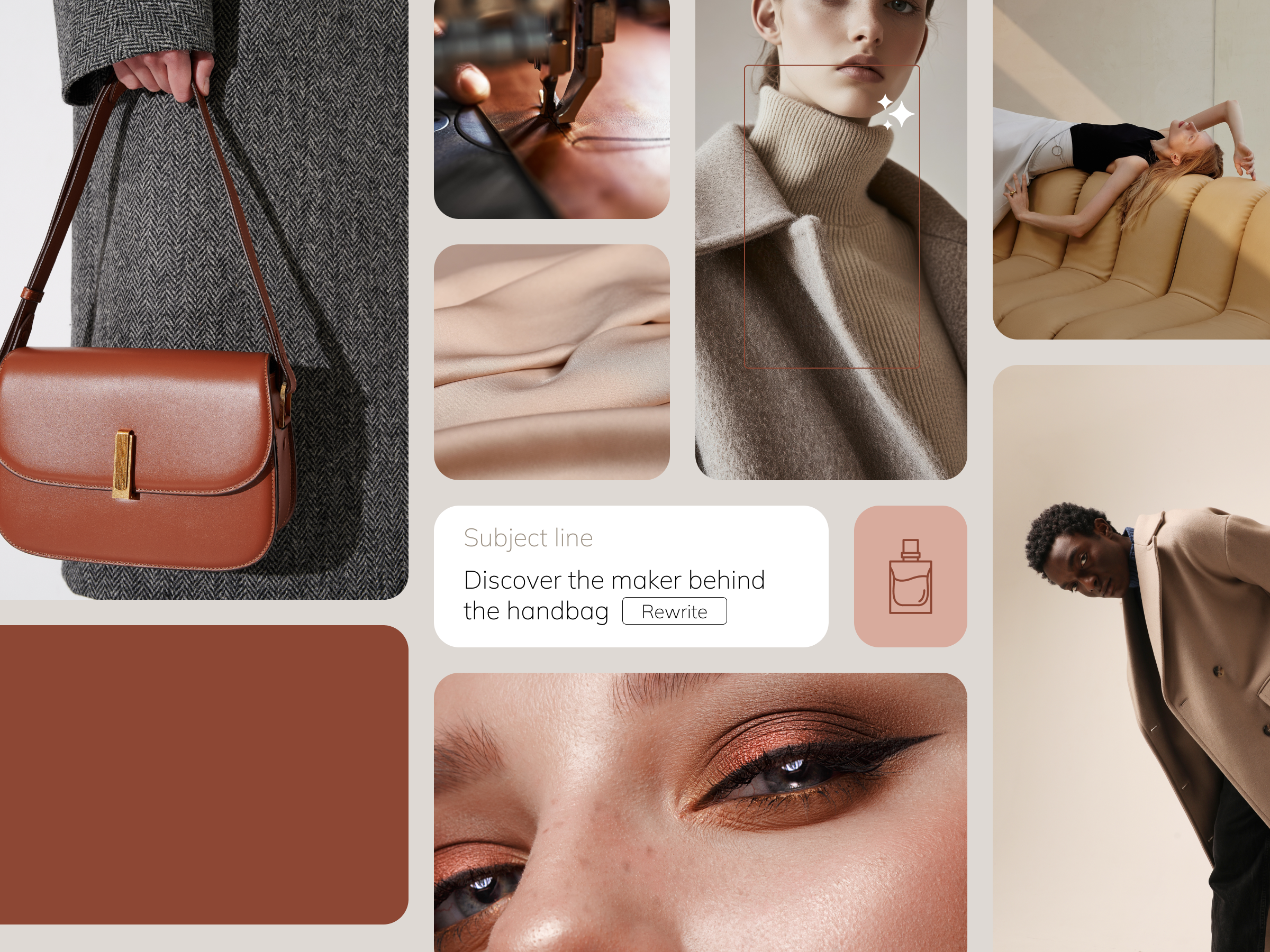 A woman in a coat holds a purse, standing confidently with a neutral background.