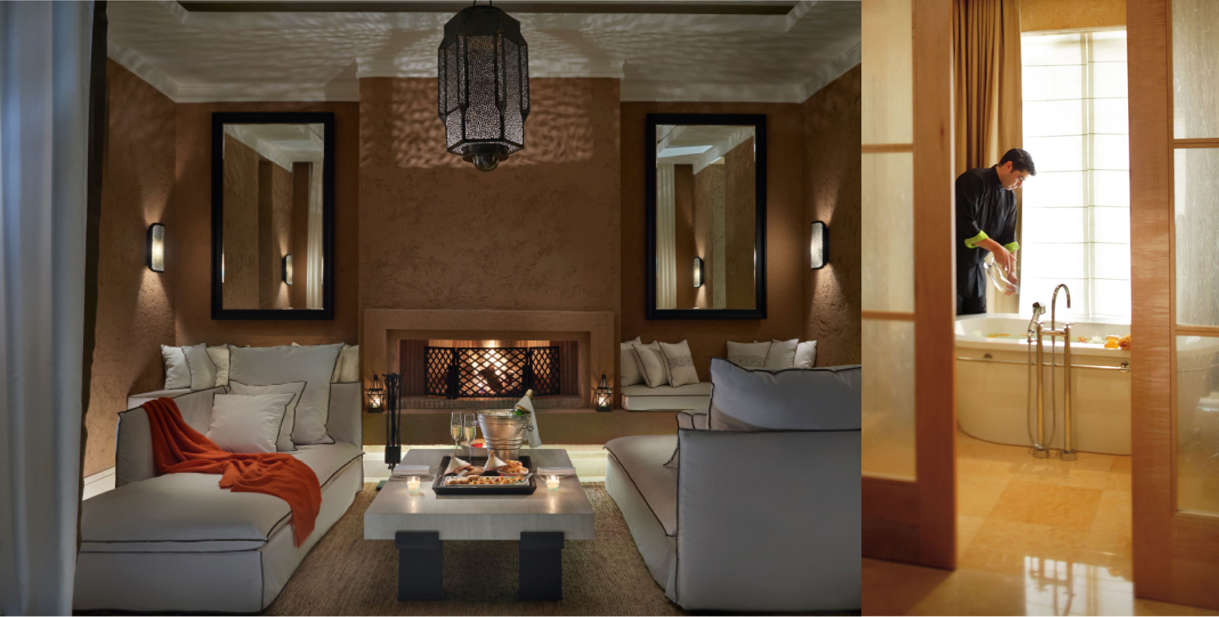 Cozy living room with a fireplace, white couches, and a red throw blanket; adjacent to a man preparing a bath in a modern bathroom.