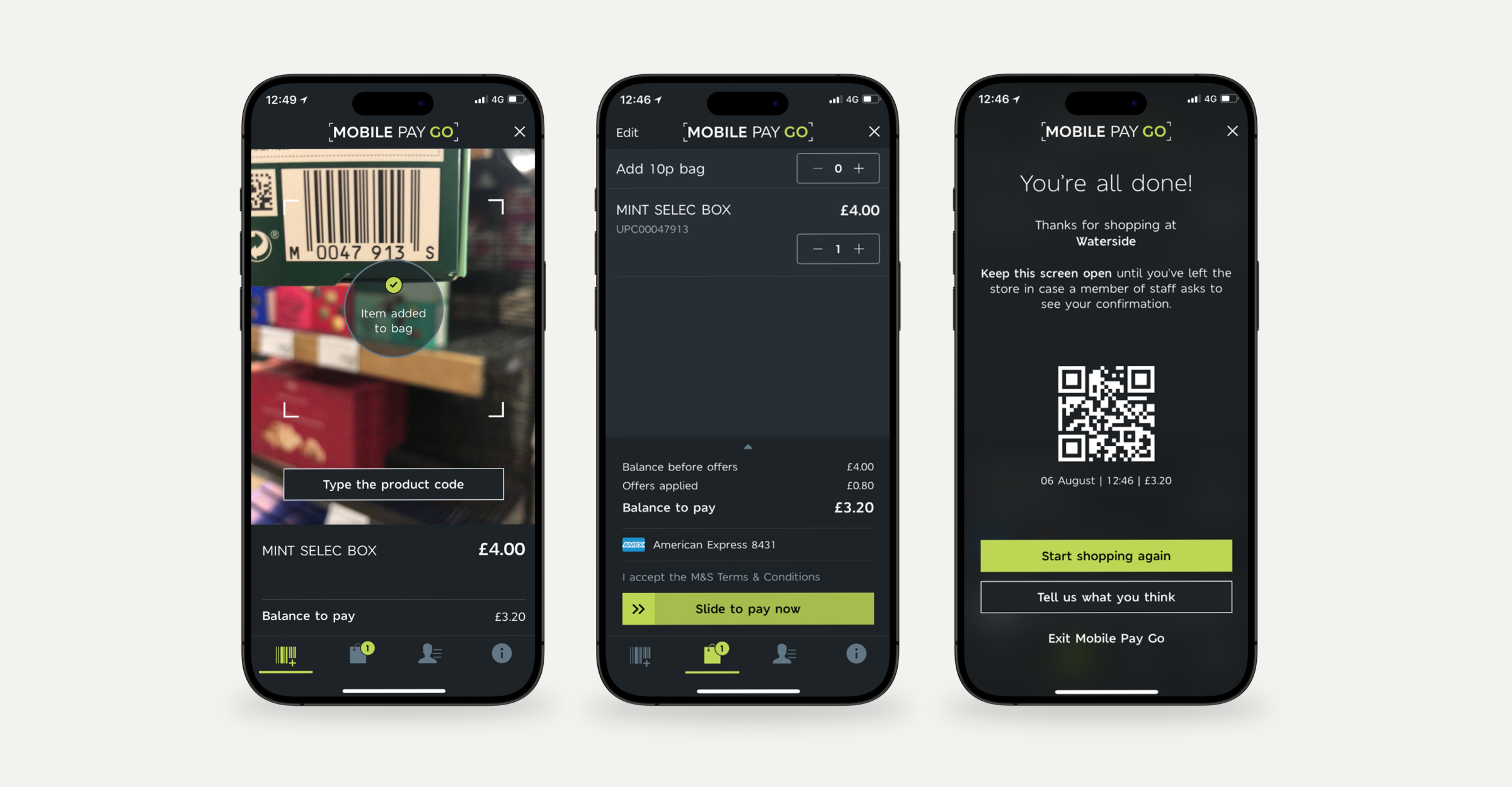 A set of tree smartphones displaying different screens of a "Mobile Pay Go" app.