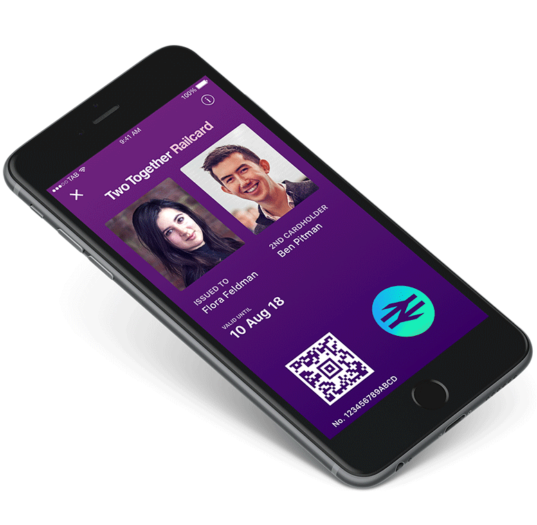 Animated image of a smartphone displaying a digital Two Together Railcard. The railcard includes two cardholders' photos, names, expiration date, a QR code, and a hologram at the bottom right corner that changes color, emphasizing security features.