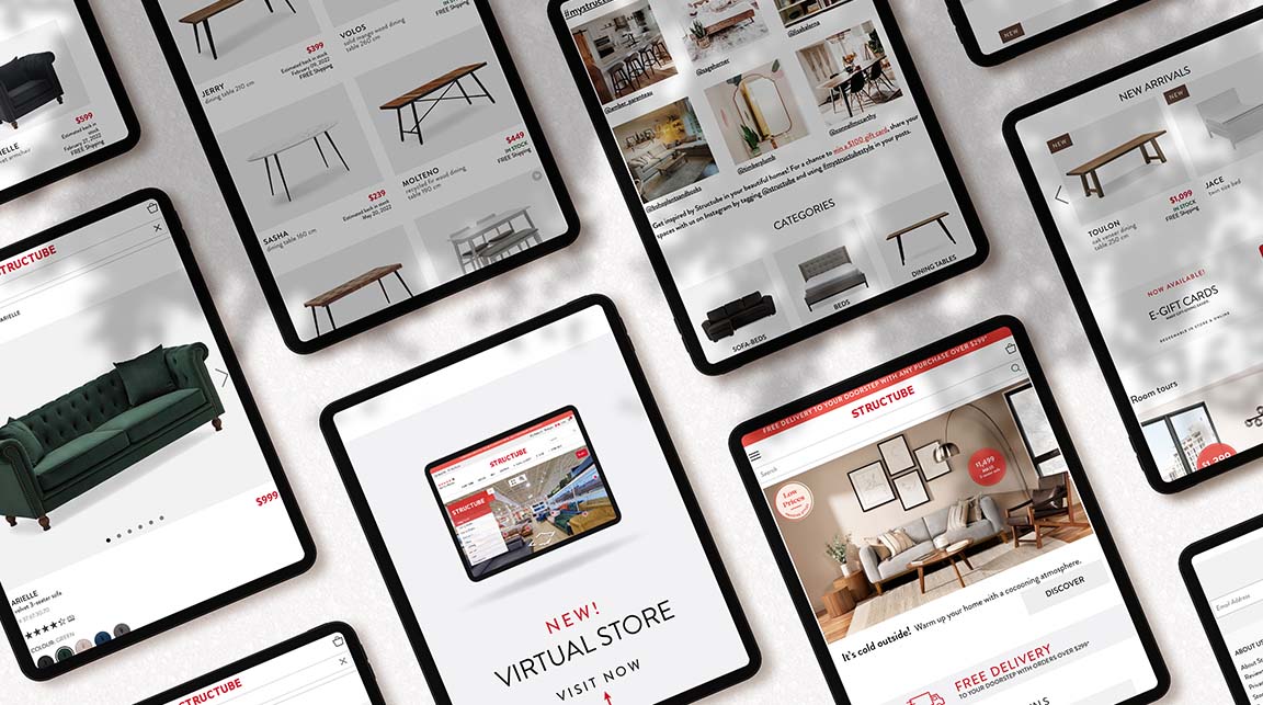 Mockups of multiple tablets on a grey background showcasing Structube's new headless site