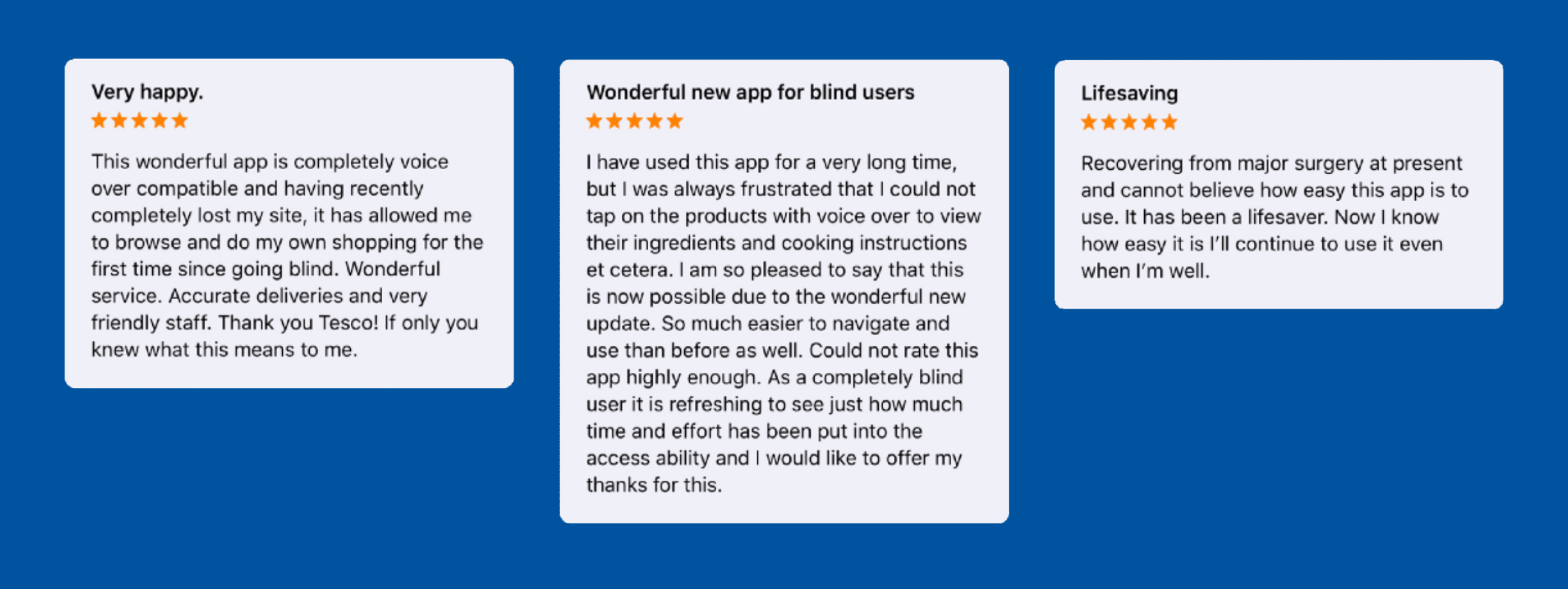 Three customer reviews for the Tesco app, all praising its accessibility and ease of use. The first review mentions voice-over compatibility for blind users, the second highlights improvements for navigation and user experience for blind users, and the third describes the app as a 'lifesaver' for someone recovering from major surgery.