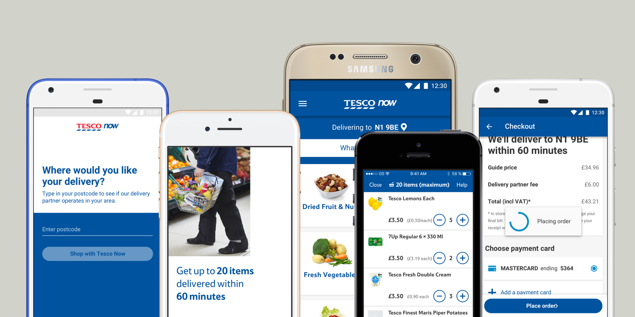 Five smartphones displaying various screens from the Tesco Now app. The screens show different stages of the delivery process, including entering a postcode for delivery, selecting items like fresh vegetables and drinks, and checking out with delivery in 60 minutes. The app features user-friendly options for managing orders and payments