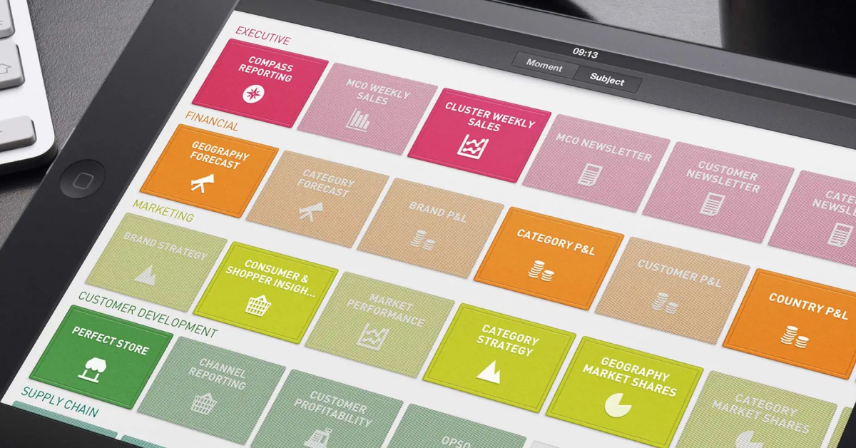 Close-up of a tablet showing a screen with colorful tiles grouped in different categories. The first heading reads “EXECUTIVE”, with tiles below such as “COMPASS REPORTING” and “CLUSTER WEEKLY SALES”.  The second heading reads “FINANCIAL”, with tiles below such as “GEOGRAPHY FORECAST” and “BRAND P&L”. The third heading reads “MARKETING”, with tiles below such as “BRAND STRATEGY”, CONSUMER & SHOPPER INSIGHTS”. The fourth category reads “CUSTOMER DEVELOPMENT”, with tiles below such as “PERFECT STORE”, and “CHANNEL REPORTING”. The fifth category “SUPPLY CHAIN”, runs out of the screen. 