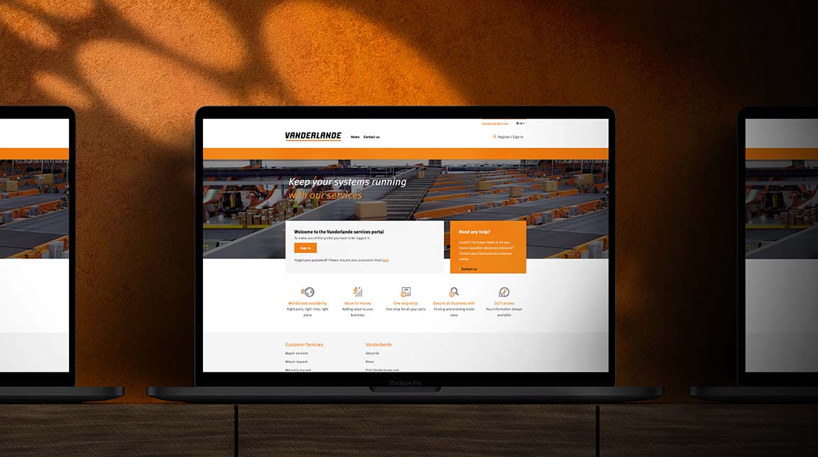 Vanderlande Spare Parts website on a laptop
