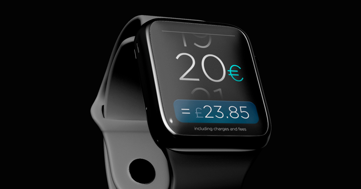 A close-up of a smartwatch, displaying a mobile banking app interface "20€ = £23.85 including charges and fees". The image conveys the concept of using wearable technology for secure and efficient mobile banking.