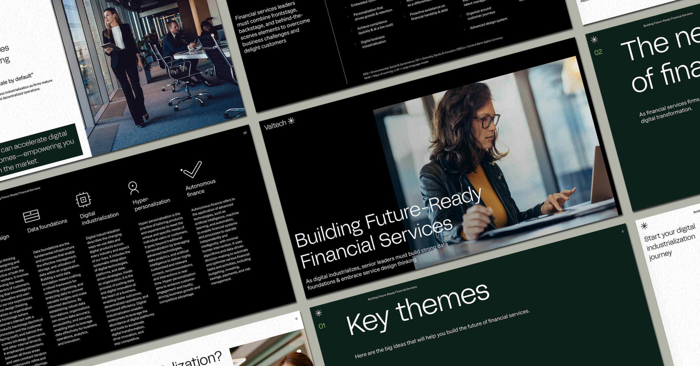 A collage of pages from a whitepaper on digital transformation in financial services. The pages feature images of professionals working, key themes, and concepts such as data foundations, digital industrialization, hyper-personalization, and autonomous finance. The design is modern and clean, with a mix of green and black backgrounds, showcasing insights and strategies for building future-ready financial services.