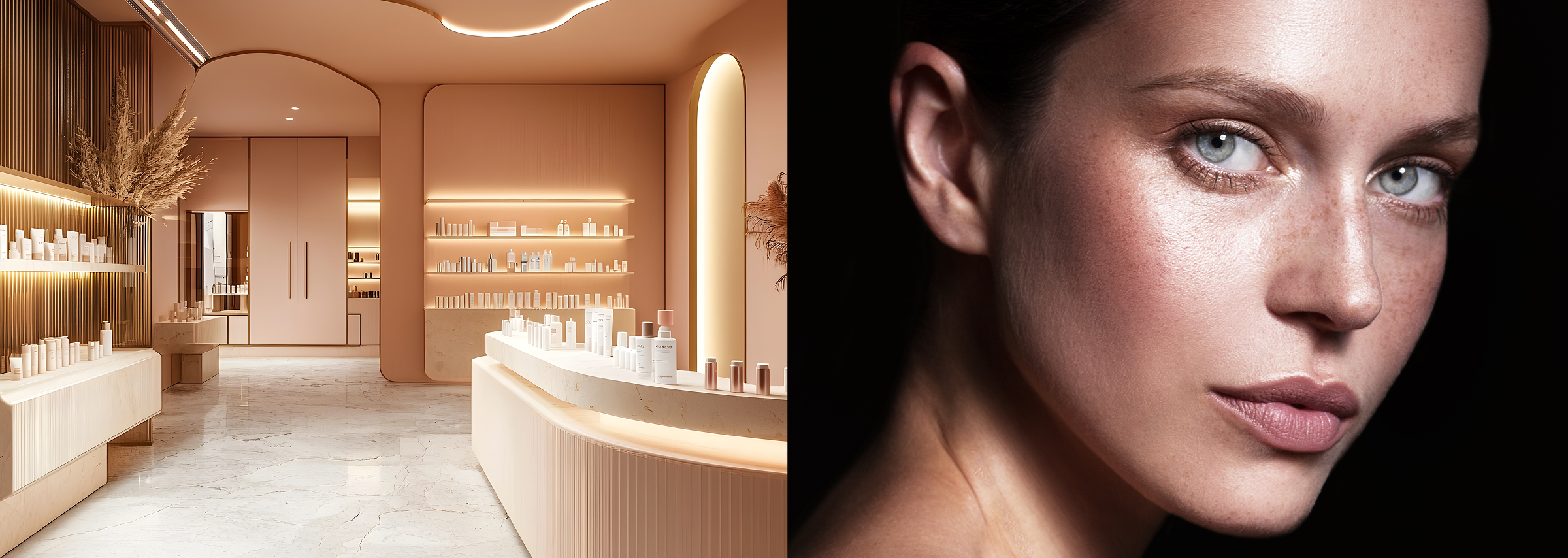 Split-image collage: on the left, a softly lit, minimalist luxury cosmetics boutique interior with curved display counters and backlit shelves of skincare and makeup products; on the right, a close-up portrait of a woman’s flawless complexion, light freckles, and striking green-blue eyes against a dark background.