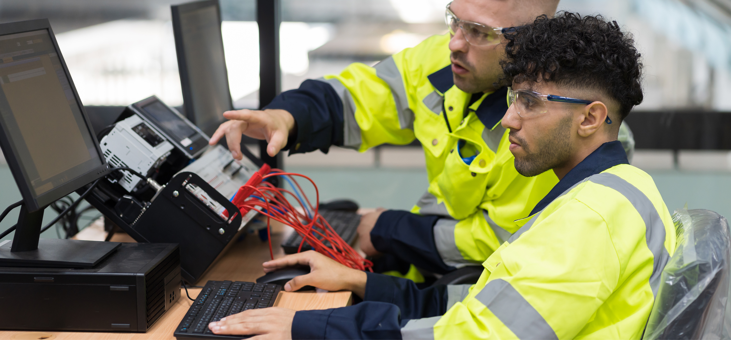 Two workers wearing bright yellow safety jackets and protective glasses are seated at a desk, working with computers and technical equipment. One of the workers is pointing at a monitor, explaining something to the other, who is focused on the screen. On the desk, several cables and devices are connected to the computers, suggesting they are involved in a technical or engineering task. The image conveys teamwork and problem-solving in a highly specialized and safety-conscious environment.
