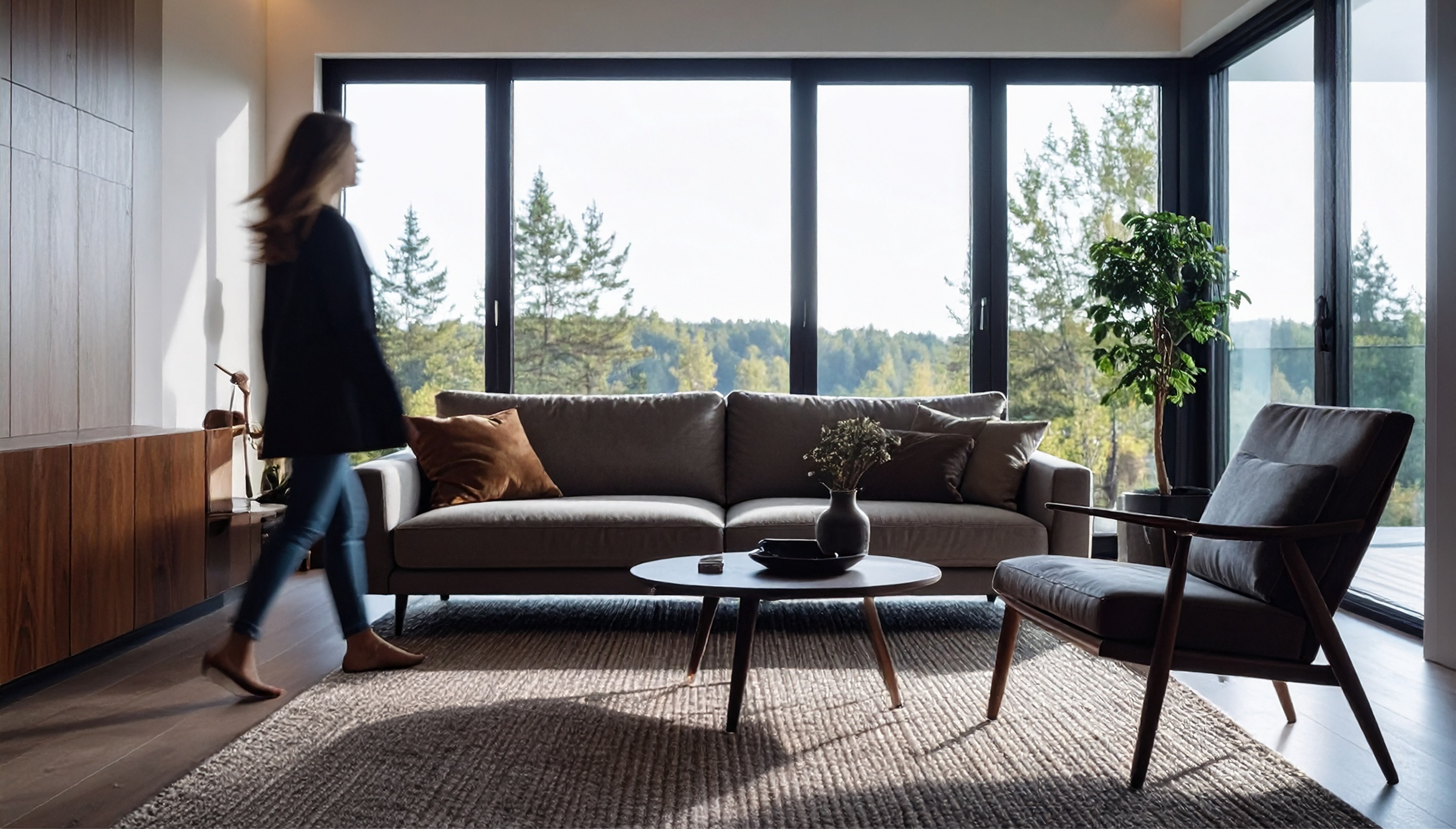A woman walks through a cozy living room with a couch and chair, creating a warm and inviting atmosphere.