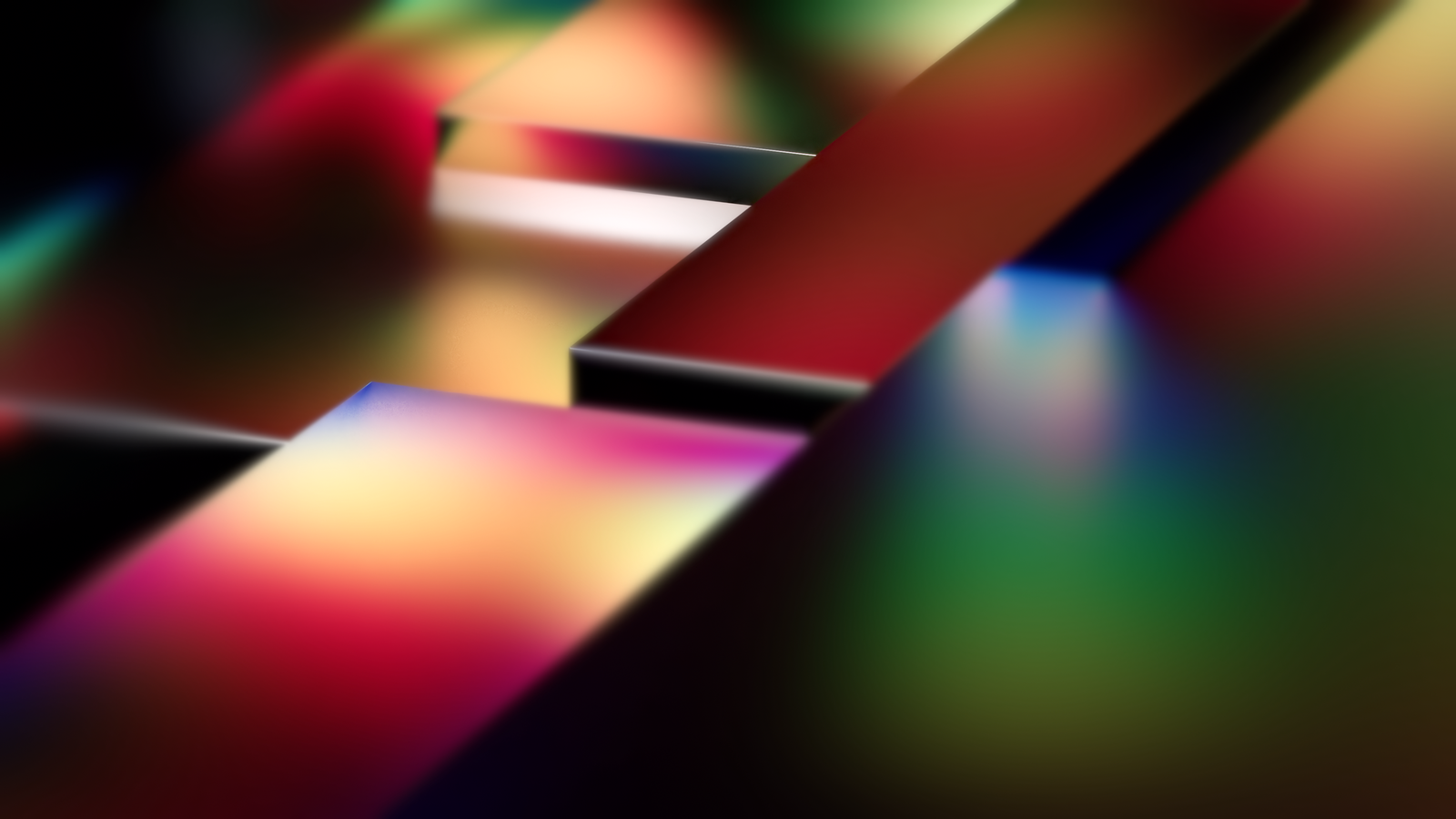 An abstract image featuring a series of geometric shapes with sleek surfaces, illuminated by a gradient of vibrant colors, including red, pink, yellow, green, and blue.