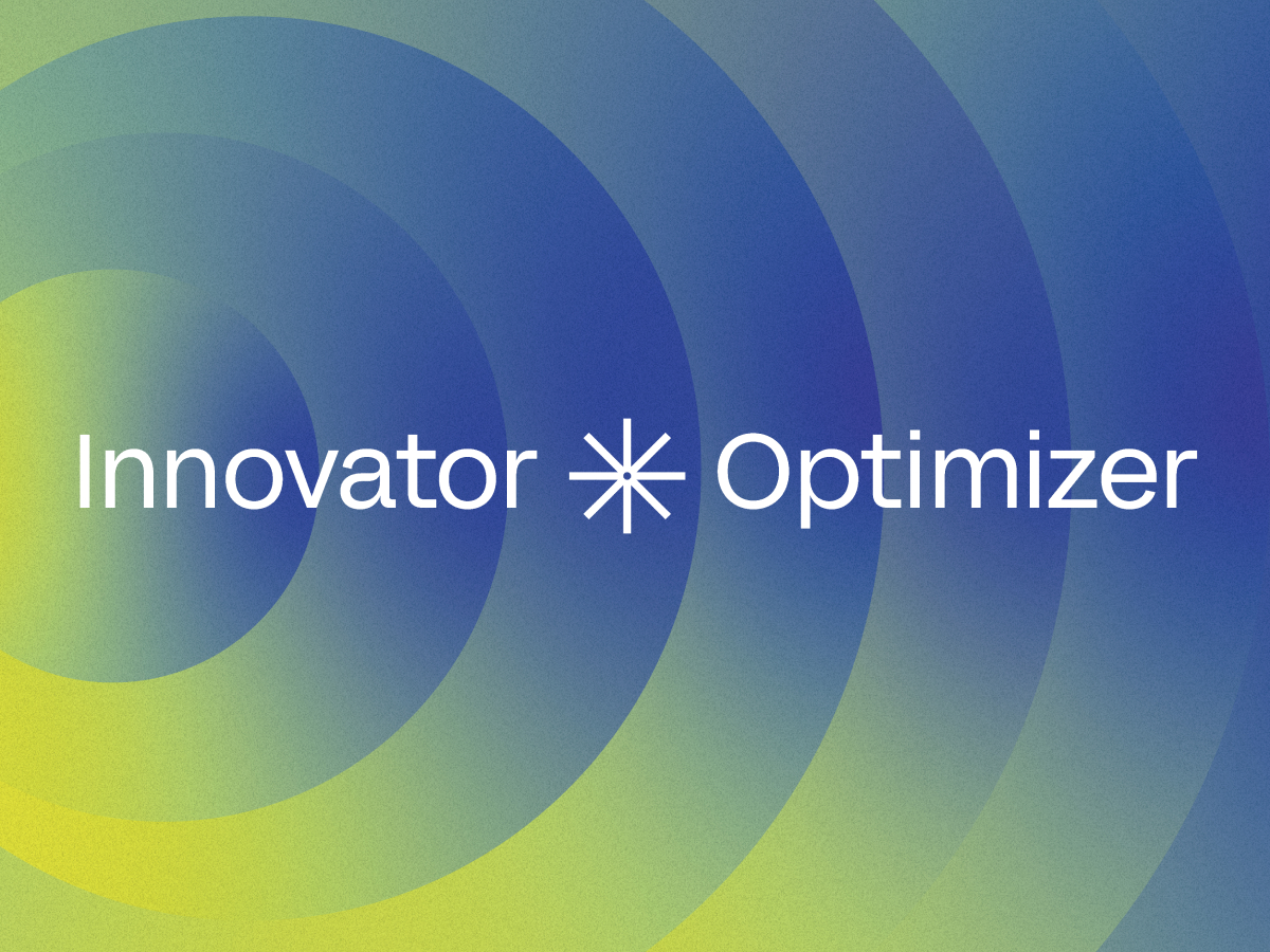 Innovator Optimizer logo displayed on a vibrant blue and yellow background.  