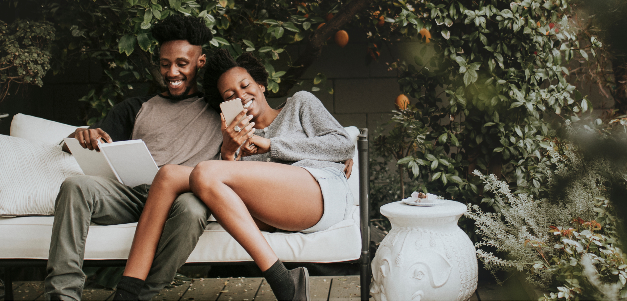 Transformative partnership couple relaxing enjoying devices together